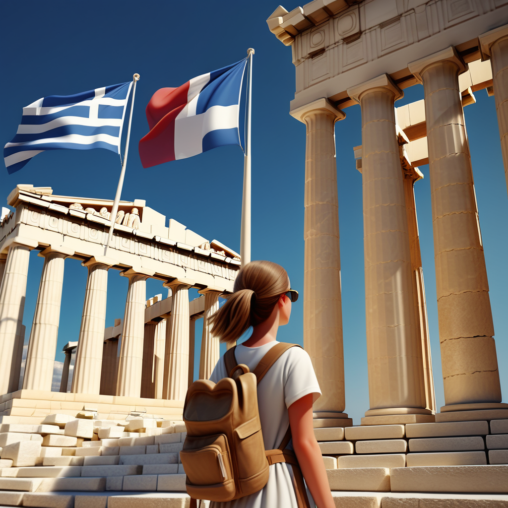  Parthenon, girl tourist exploring, Greek and French flags 
 cinematographic style