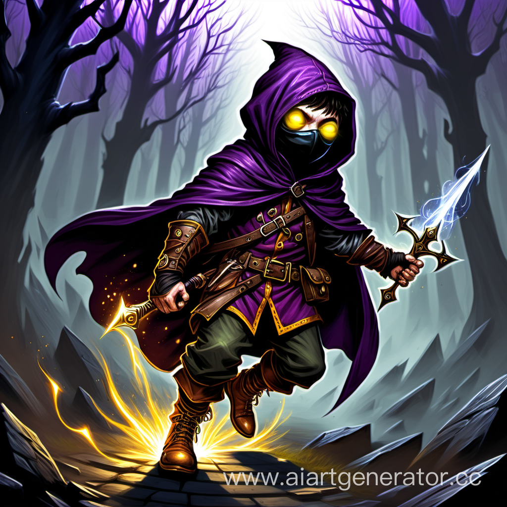 Draw a halfling rogue wearing a hooded cloak and magic boots. He hovers in the air just above the ground. He has bright, glowing yellow eyes that sparkle in the shadows under his hood. The mouth and nose are covered with a black mask, the face is almost invisible. He has a huge magical magic hand behind his back. He has a crossbow and a backpack. He is shrouded in a dark purple haze of magic. Magic daggers fly around him