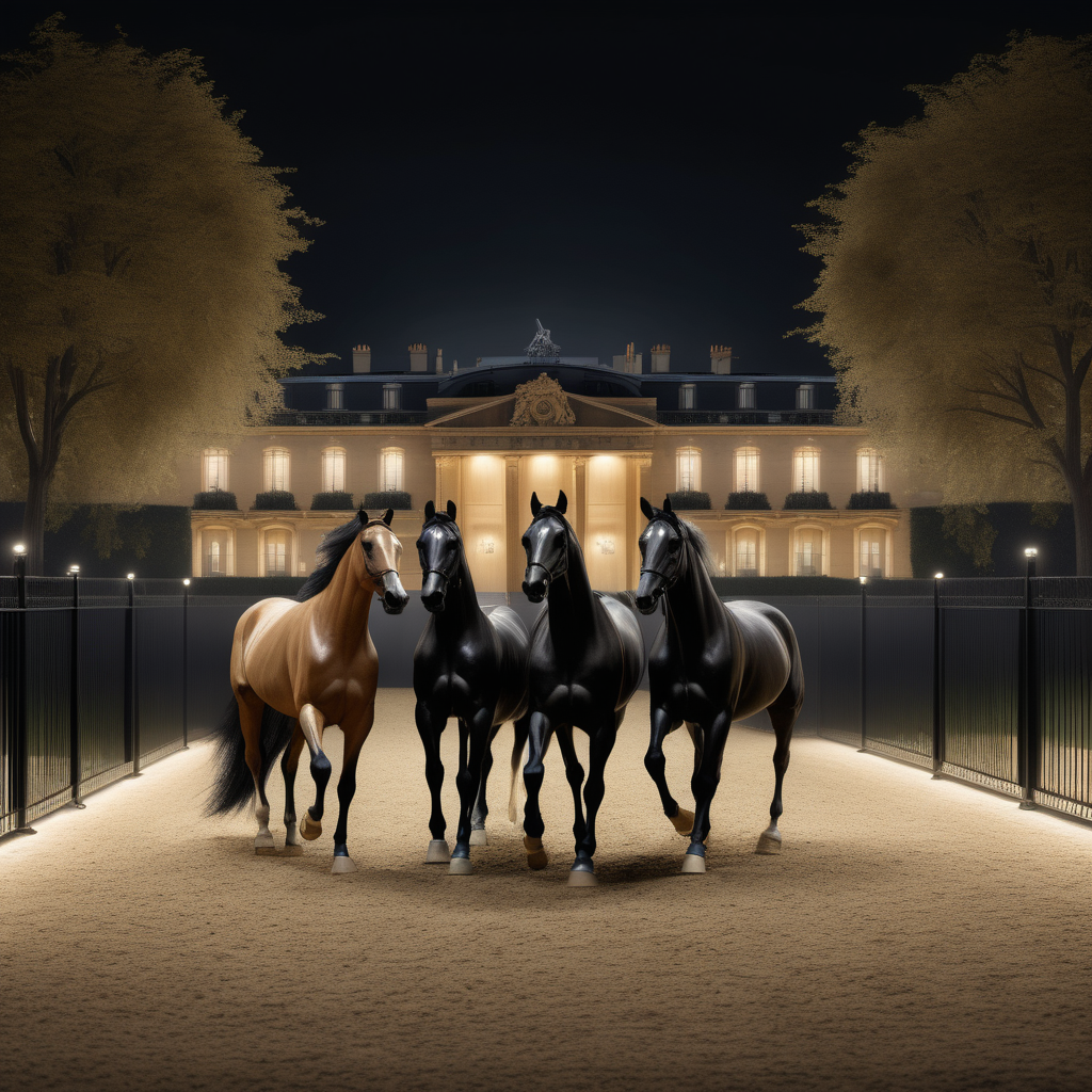 a hyperrealistic of a grand Modern Parisian  horse trotting arena with 3 horses at night with mood lighting, fully fenced with black wrought iron, manicured gardens , in a beige oak brass and black colour palette 
