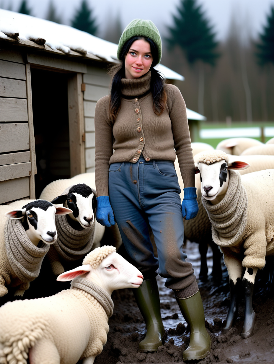 A hot girl black-haired  with green eyes works in a sheep farm. Darkness, cold and lots of snow and deep mud. A wooden hut, a cowshed. She works in front of them and feeds the sheeps. She is wearing short  to ankle black rubber boots with hand-knitted muddy woolen socks sticking out of them and knitted gaiters. He wears dark blue jeans torn in places and smeared profusely with sticky mud , stained with mud. She is wearing a thick knitted white woolen long-sleeved brown chunky sweater - torn and muddy. On top of it, she wore a  blue knitted bodice with buttons and side pockets. On top of all this is a sleeveless bodice in a black color with mud stains on it. There are knitted gloves, a knitted hat in white and gray. She wrapped a hemp rope around her waist . He works with the animals and feed them.