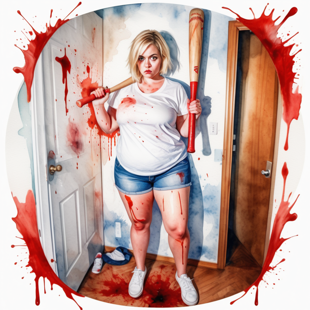 pov image by big Sexy curvy blonde woman, short hair in a white shirt and denim shorts and white tennis shoes with a baseball bat in her bloody hand in in an apartment room, image based in watercolor paint.