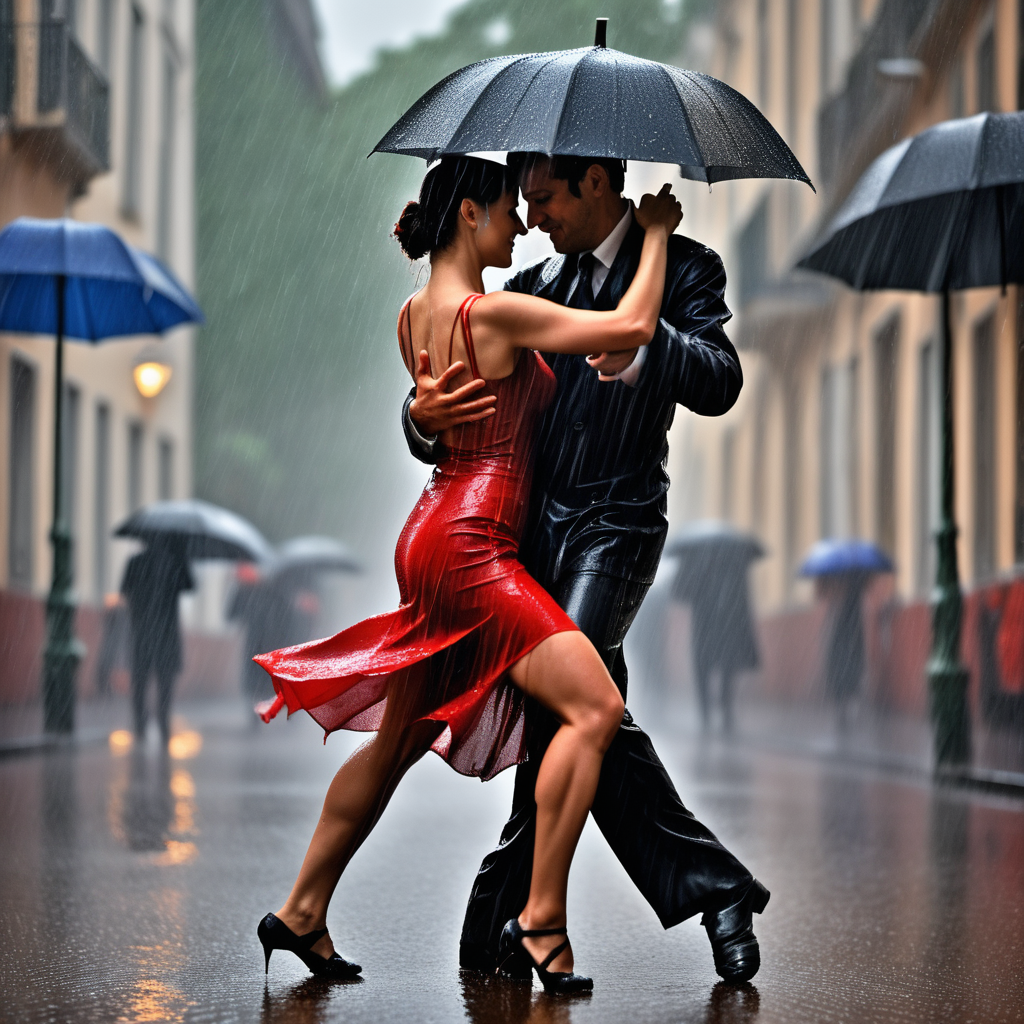 A couple doing the tango in the rain