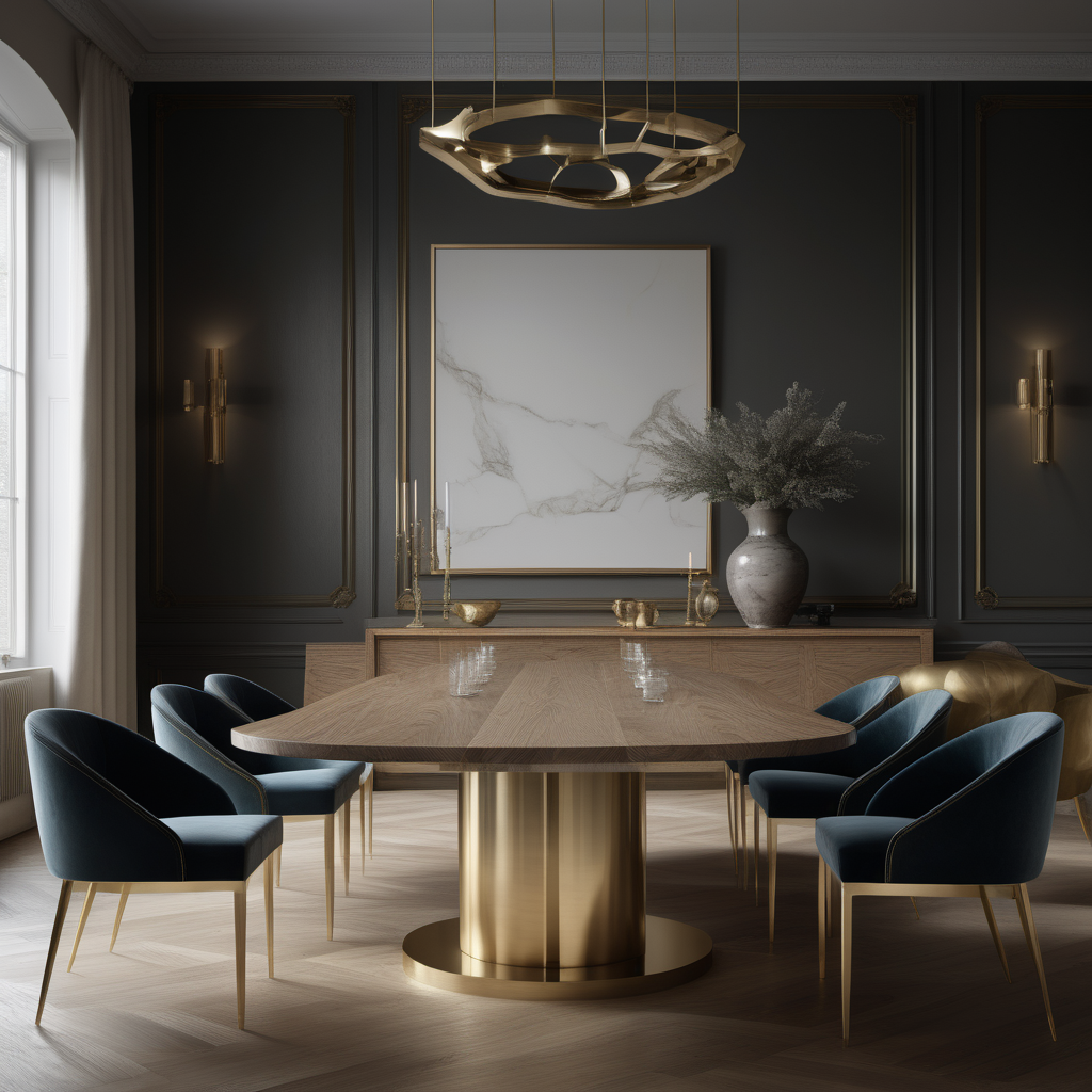 a hyperrealistic image of a modern elegant dining table in oak brass
