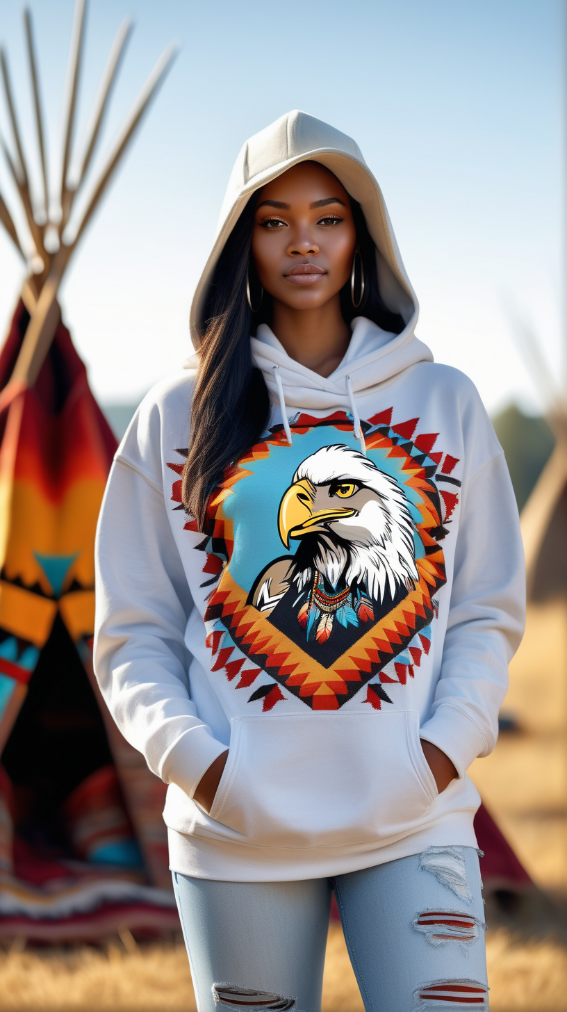 Beautiful young black woman, wearing a wide brim buffalo hat, wearing a white hoody, with an Indian Eagle printed on the front, wearing light blue denim jeans, with a colorful navaho print blanket, across her shoulders, in bright sunshine,  with tee pees in the back ground, in ultra 4k, high definition, full resolution