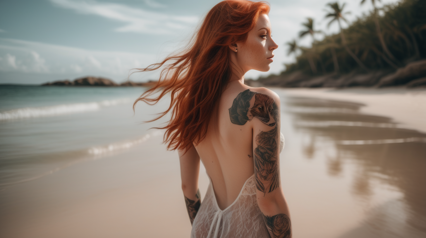 the photo is taken in a tropical beach. Only one girl is standing, She has her back to the camera and turns her head looking towards the camera. The girl is wearing a short Translucent alluring dress that reveals her body curves, what is made of a fabric which allows her skin to be seen through. redhead straight hair, she has a nose piercing and a wolf tattoo on her back. . She is looking back at the viewer with a sugestive look (almost inviting us to be there). The lighting in the portrait should be dramatic. Sharp focus. A perfect example of cinematic shot. Use muted colors to add to the scene.