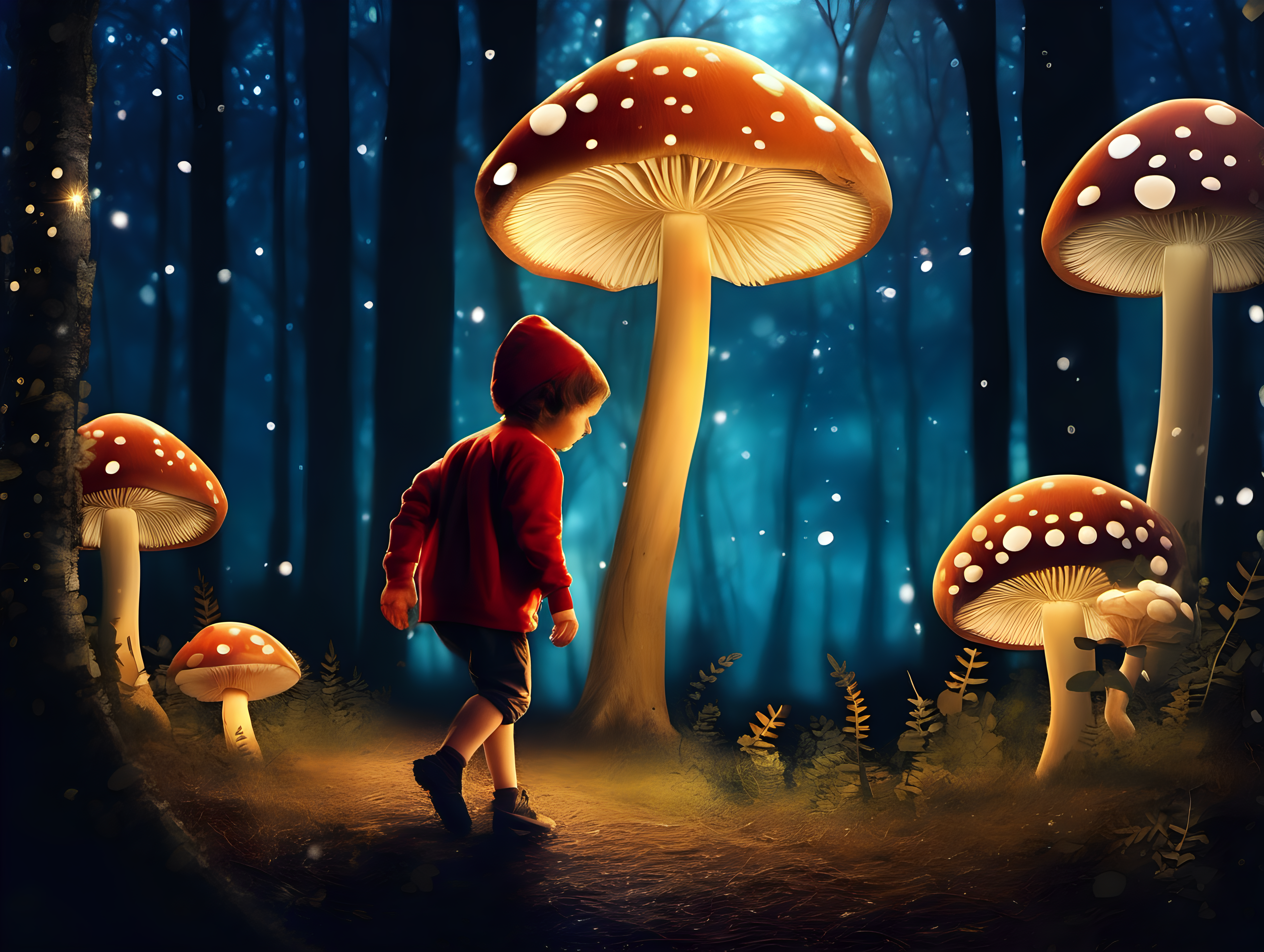 Create a image of a lost child walking in a forest at night with fireflies and glowing mushrooms