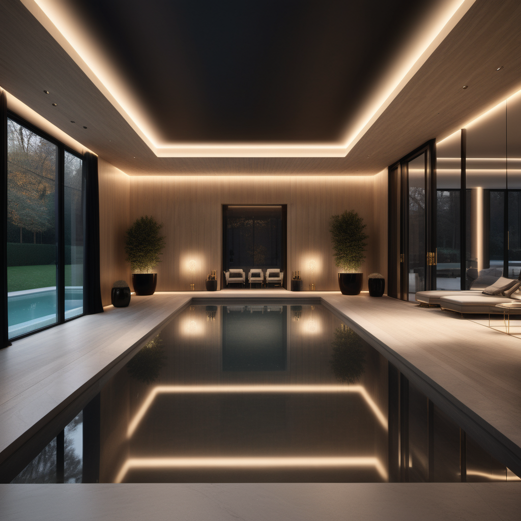 a hyperrealistic of a Modern Parisian estate home indoor pool room with mood lighting and floor to ceiling windows in a beige oak brass and black colour palette 
