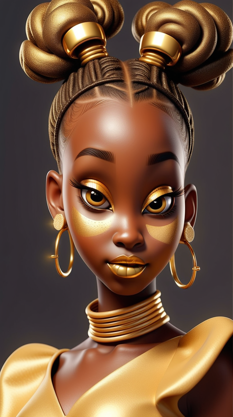 a African girl with buns branded banes  pretty shiny face with shiny with a golden dress with golden earings in full body with golden shoes