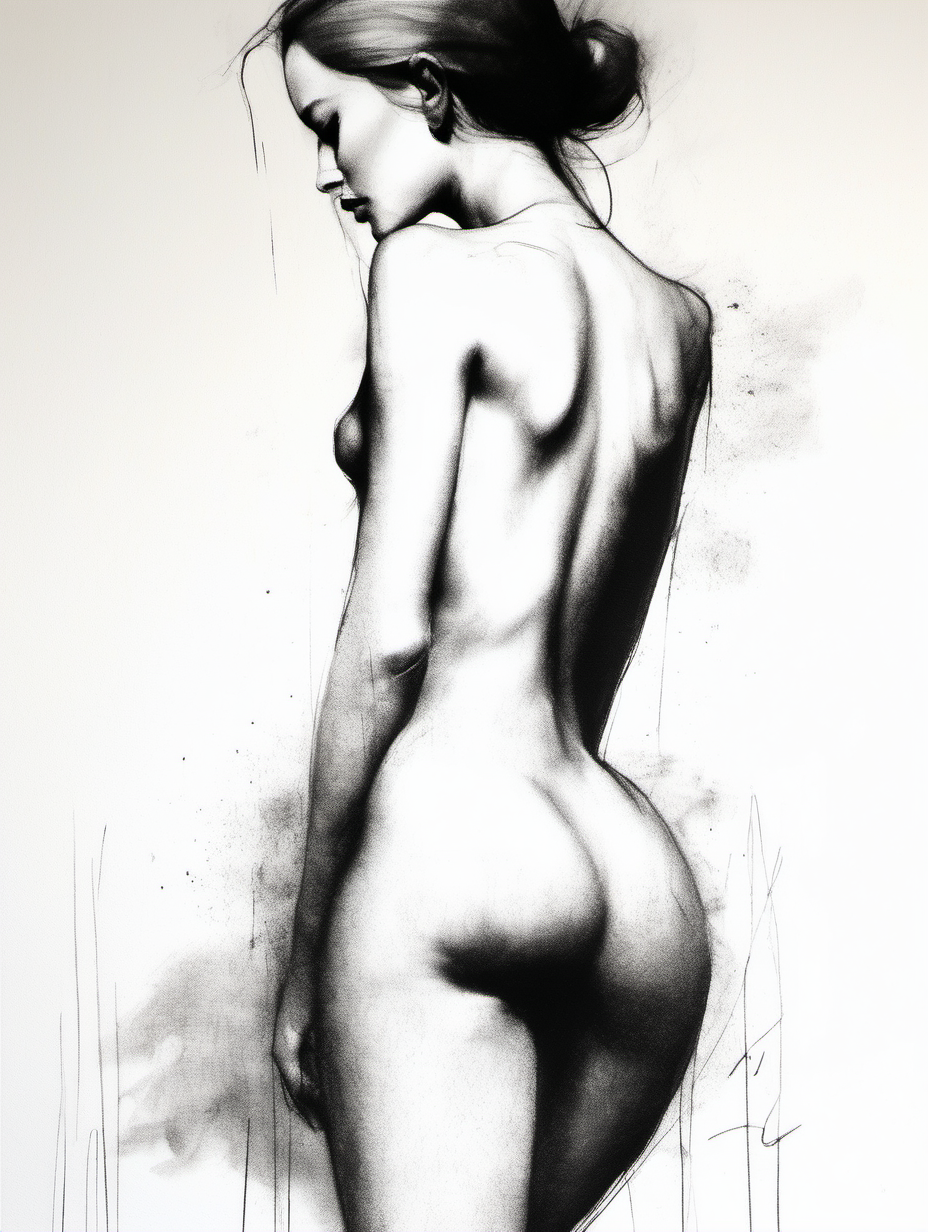 minimalist sexy-female-figure wall-art design. dry-brush and charcoal and graphite 