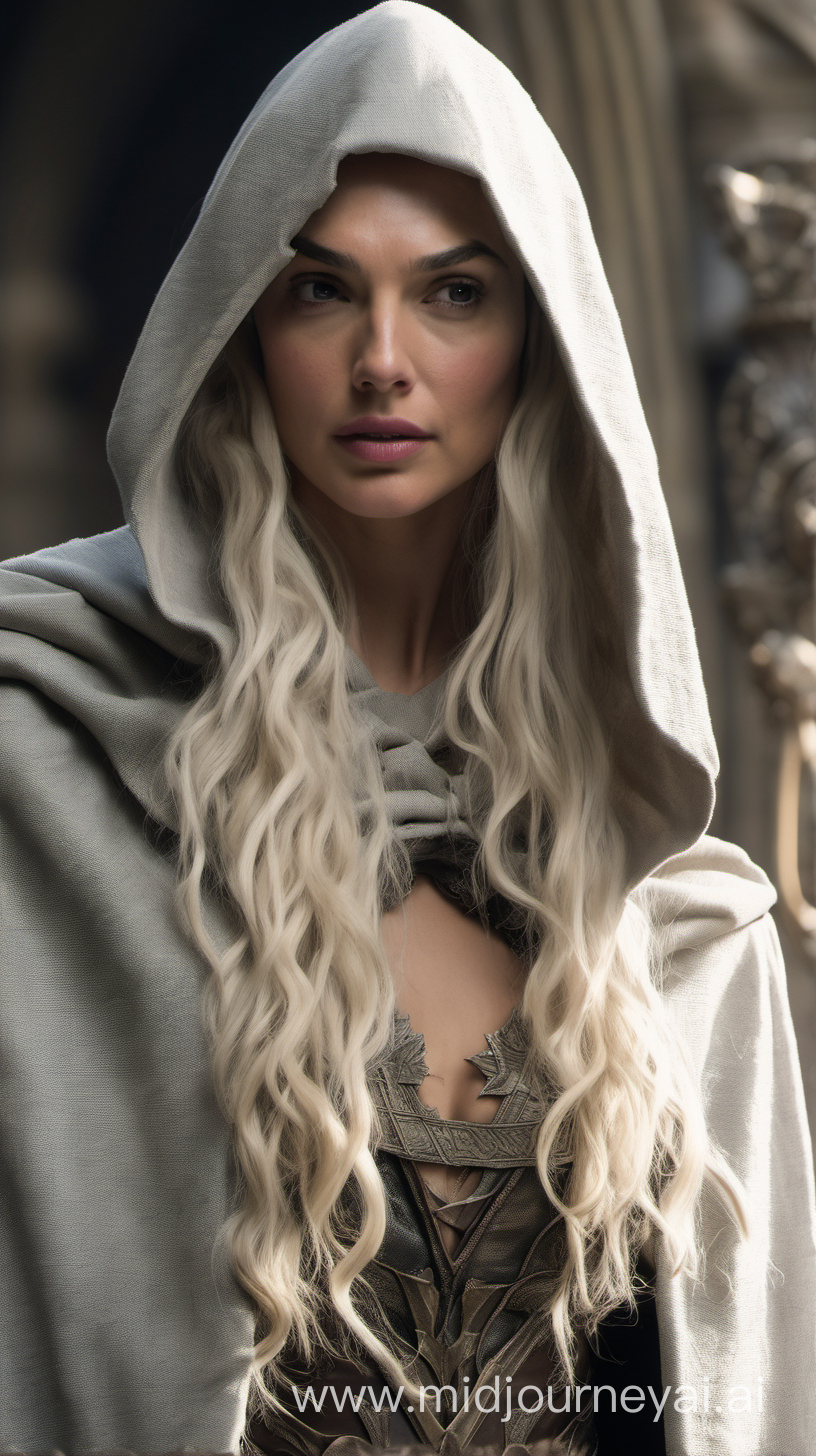 Gal Gadot with extremely long platinum blonde hair wearing a medieval dress and hooded cloak 