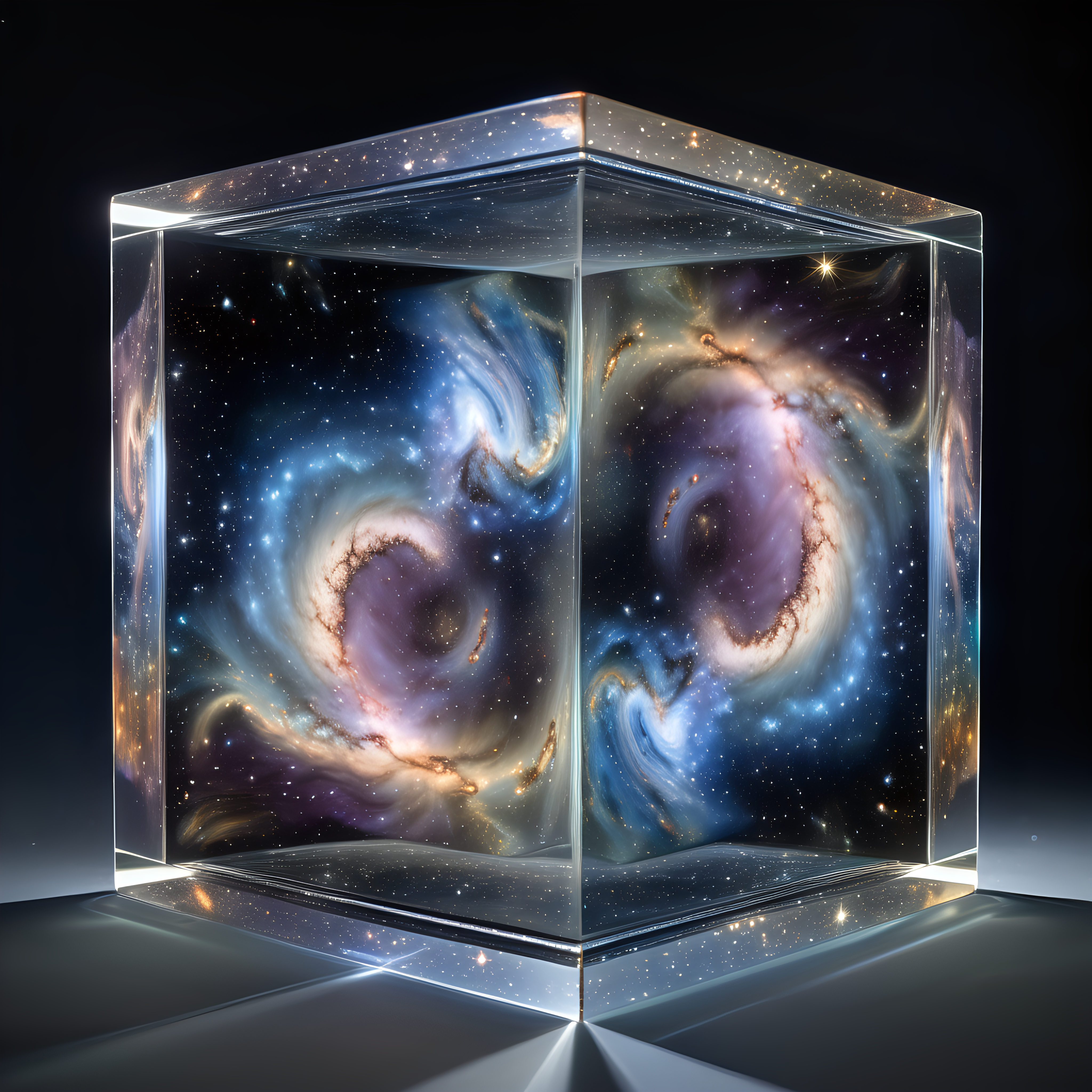 Spiraling galaxies and stardust seen through a three dimensional glass cube