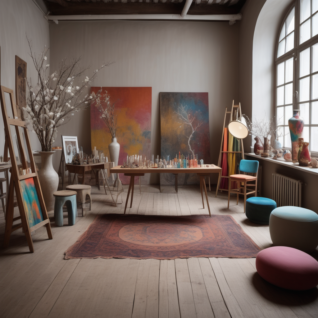 Big creative atelier space with different small furniture and accessories placed in a theatre setting on clothes with an old wooden Floor. Vases with big branches. floorlamps, hockers, small table, a colorful art work. 
