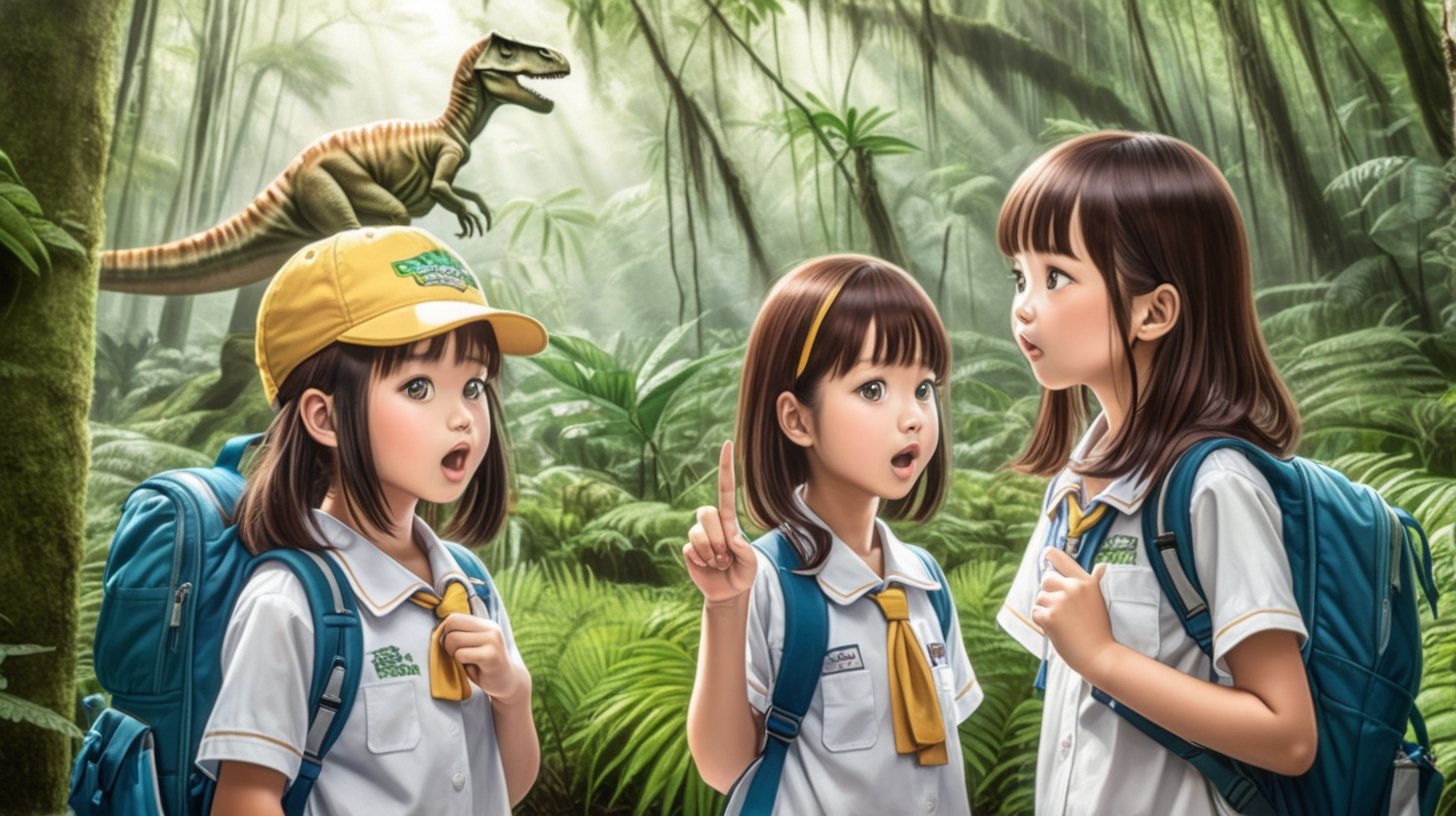 a pair of japanese school girls on a field trip to a dinosaur wildlife preserve in the rainforest