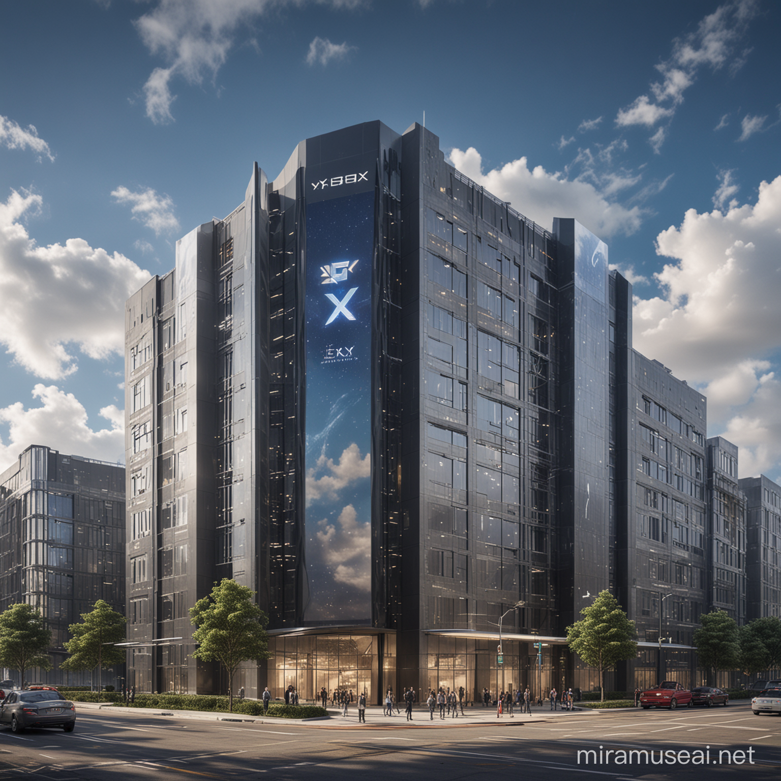 make big apartment of space x company building , with sky and their logo ,ad full space so I can make it tranpsirnet