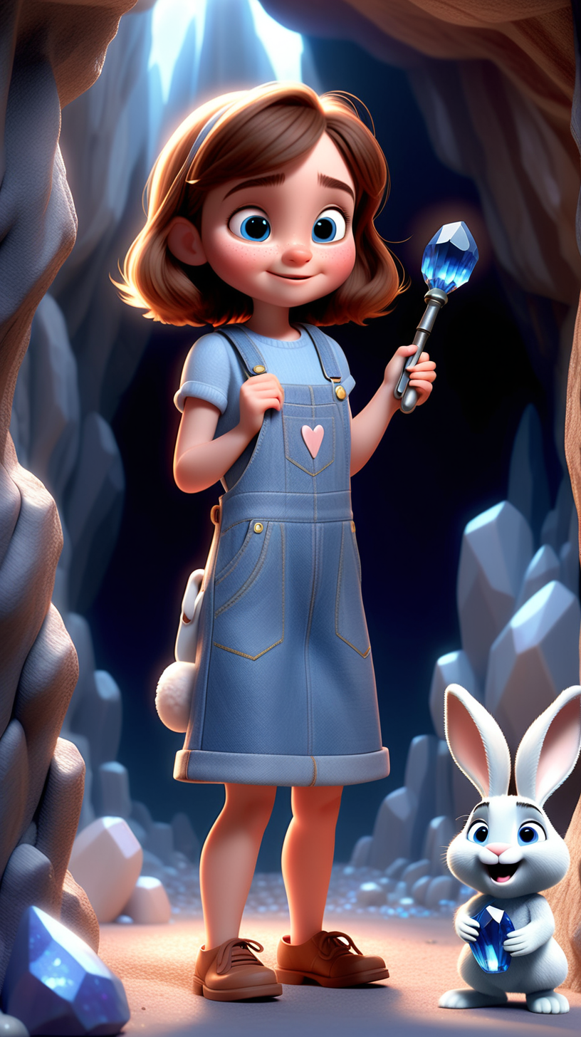 imagine 5 year old short girl with brown hair, fair skin, hazel eyes, wearing a denim dress overall, use Pixar style animation, make it full body size, standing inside a cave holding a key with a blue crystal encrusted, surrounded by crystals, next to a white bunny