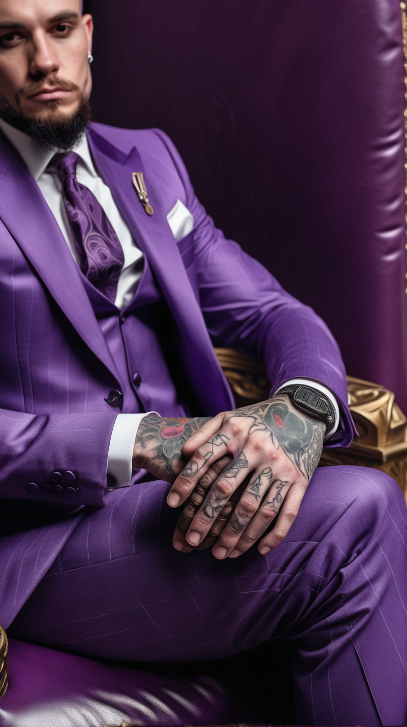 mans tattooed hand and knuckles, resting on arm of throne, holding a joint in a purple suit
