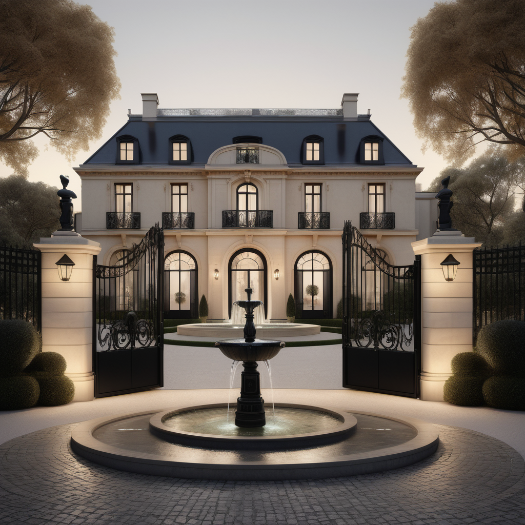 a hyperrealistic of an elegant Modern Parisian estate home exterior with mood lighting black wrought iron gates and a circular driveway with fountain at the centre in a beige oak brass and black colour palette 
