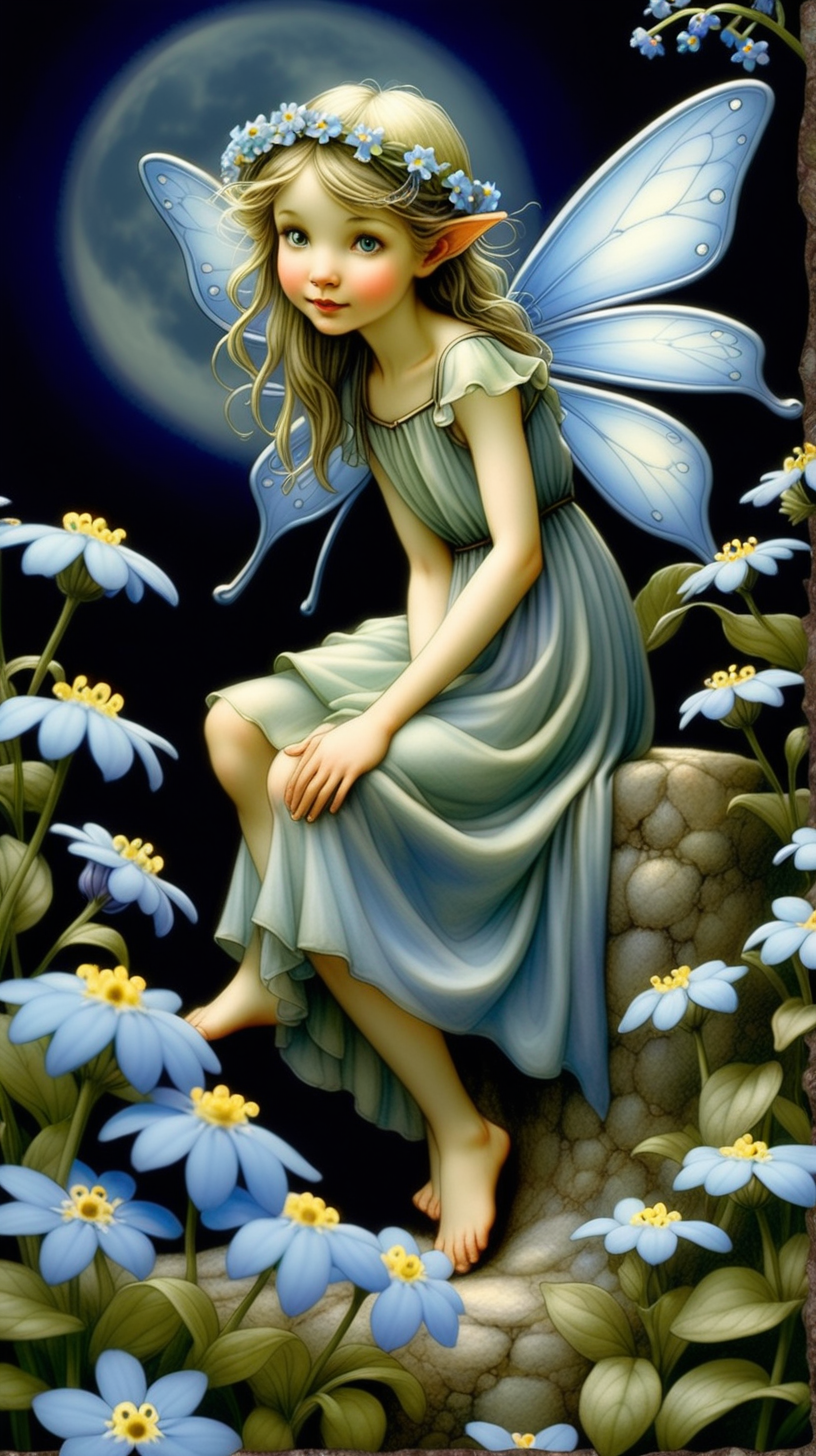 Create a fairy surrounded by forget-me-nots under the moonlight, capturing the mystical and ethereal quality often portrayed in Cicely Mary Barker's flower fairy world.