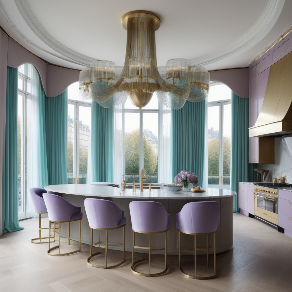 hyperrealistic image of large modern Parisian kitchen with island, floor to ceiling windows, curves, taupe, aqua, lilac and brass colour palette, brass chandelier, sheer curtains