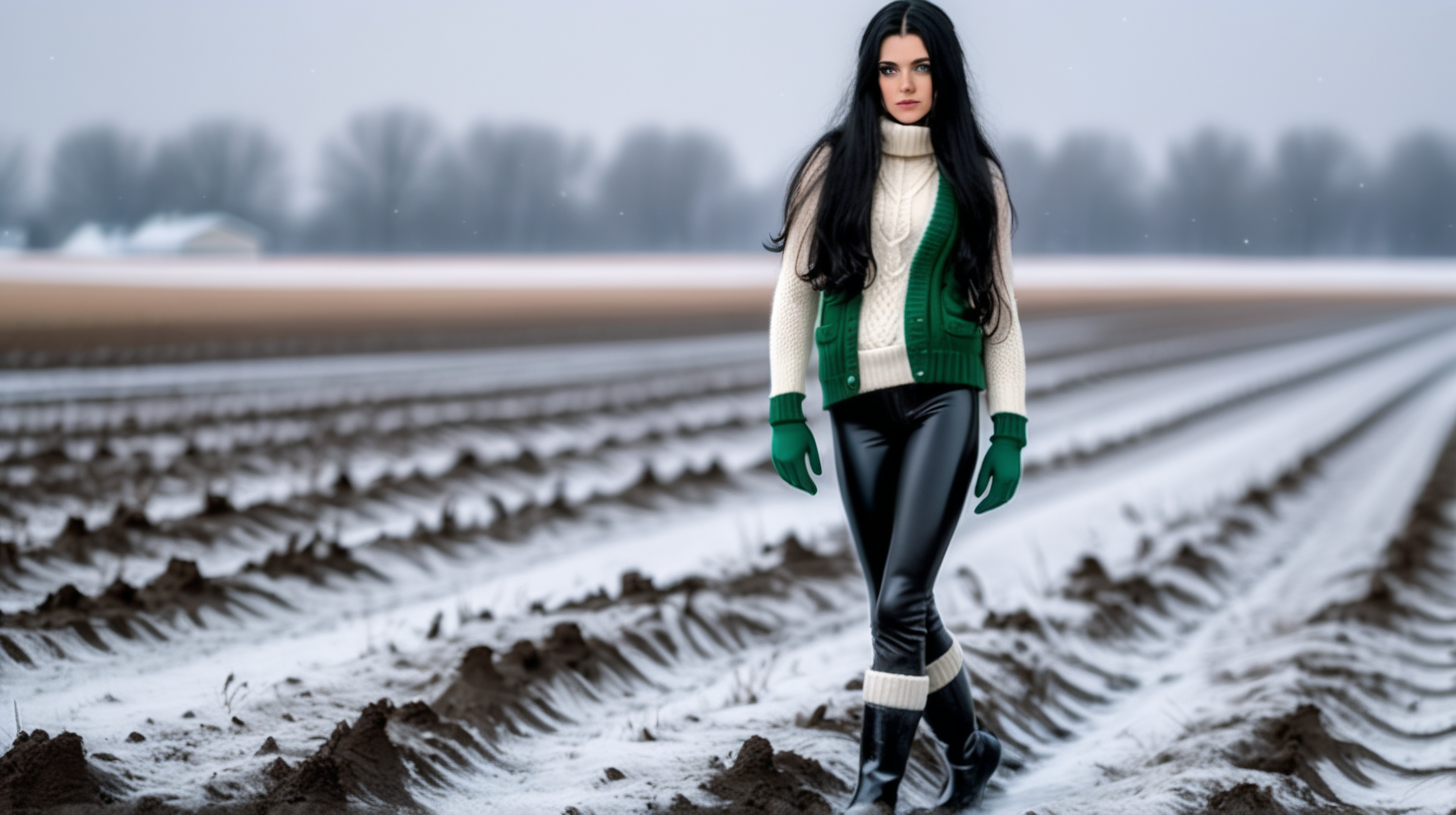 Hot with green eyes and black long hair wearing thick black leggings, knitted white and black wool socks, sweater and felted slaveless jacket. Wearing rubber boots. Working in mud on the field in deep snowy winter.

