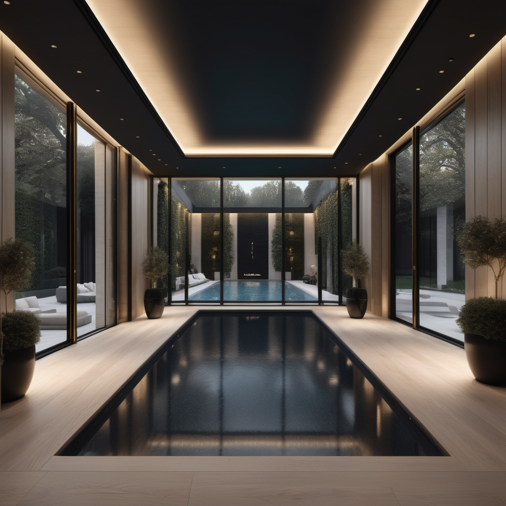 a hyperrealistic of a Modern Parisian estate home indoor pool room with mood lighting and floor to ceiling windows in a beige oak brass and black colour palette 
