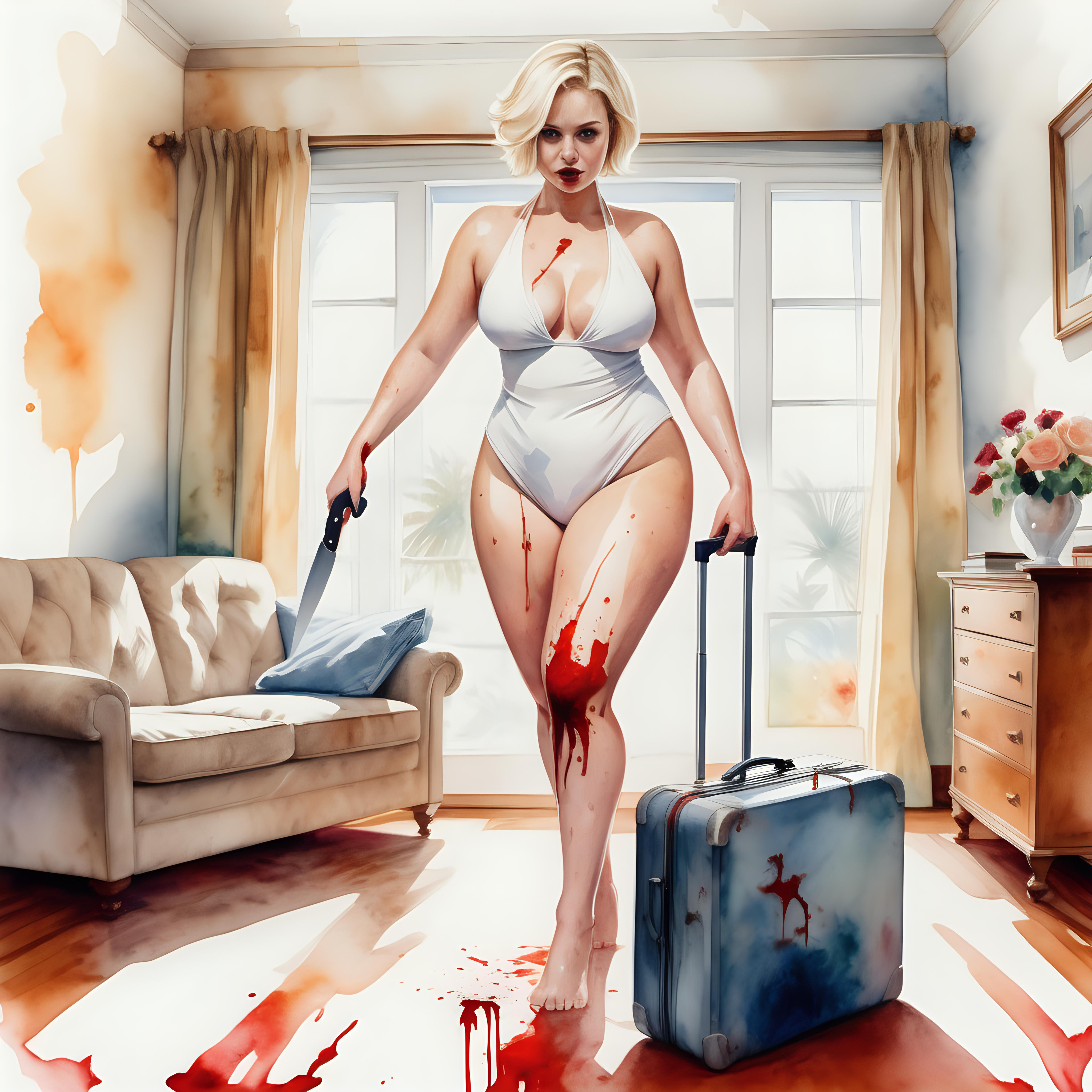 sexy curvy blonde woman, short hair, wide hips and big ass, wearing a white swimsuit, with a knife in her blood-stained hand, stepping on top of a large suitcase on the floor of a living room in a house, image based in watercolor paint.
