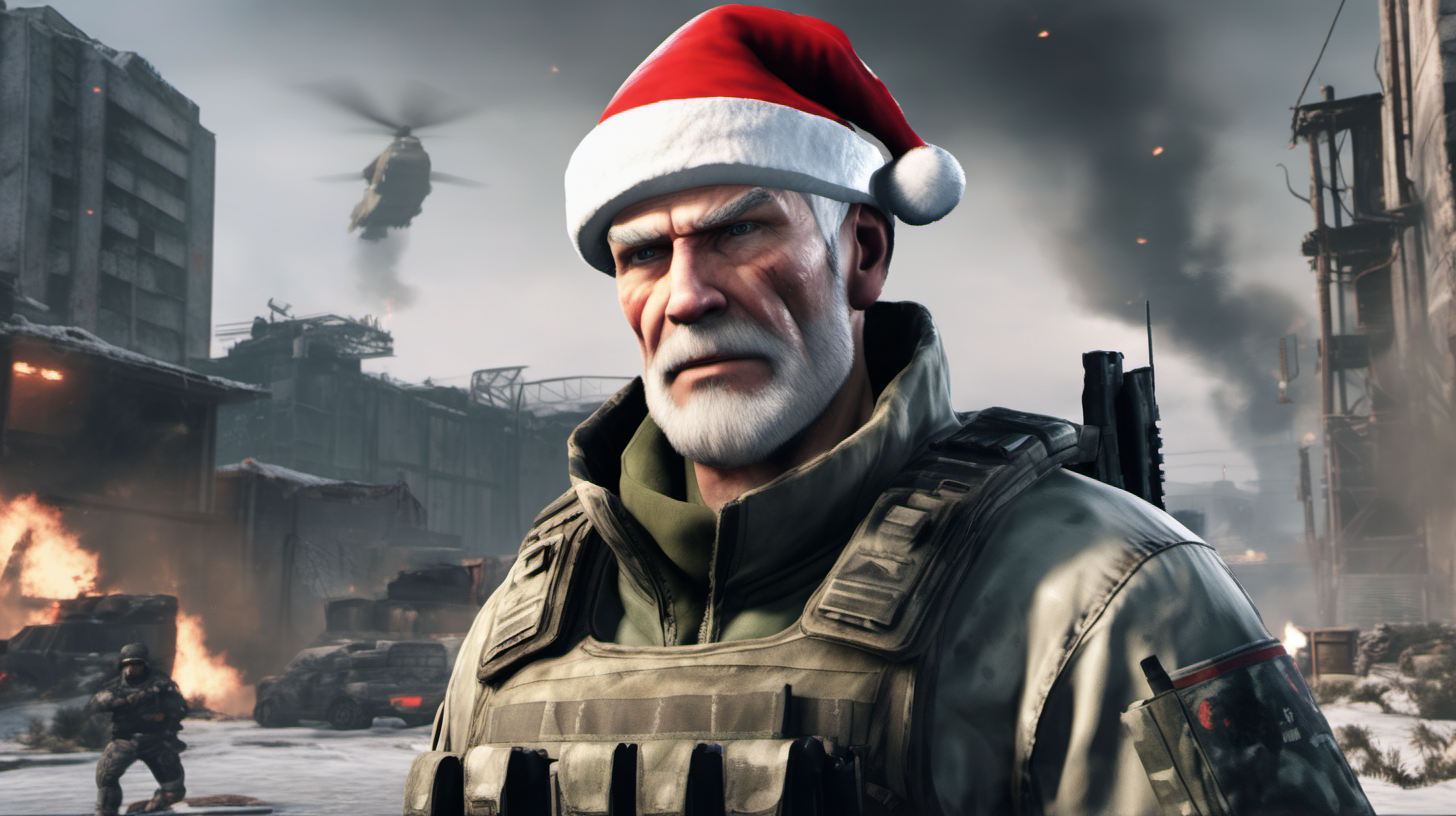 an older soldier wearing a santa hat with a short styled haircut and grey hair with a short grey beard in the style of the video game call of duty, in the background an apocalypse setting
