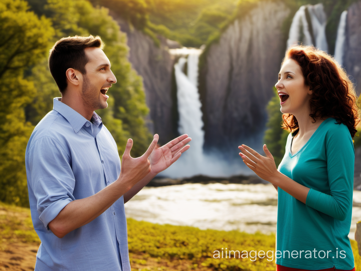 a man and a woman declaring good news standing in front a a beautiful natural scene