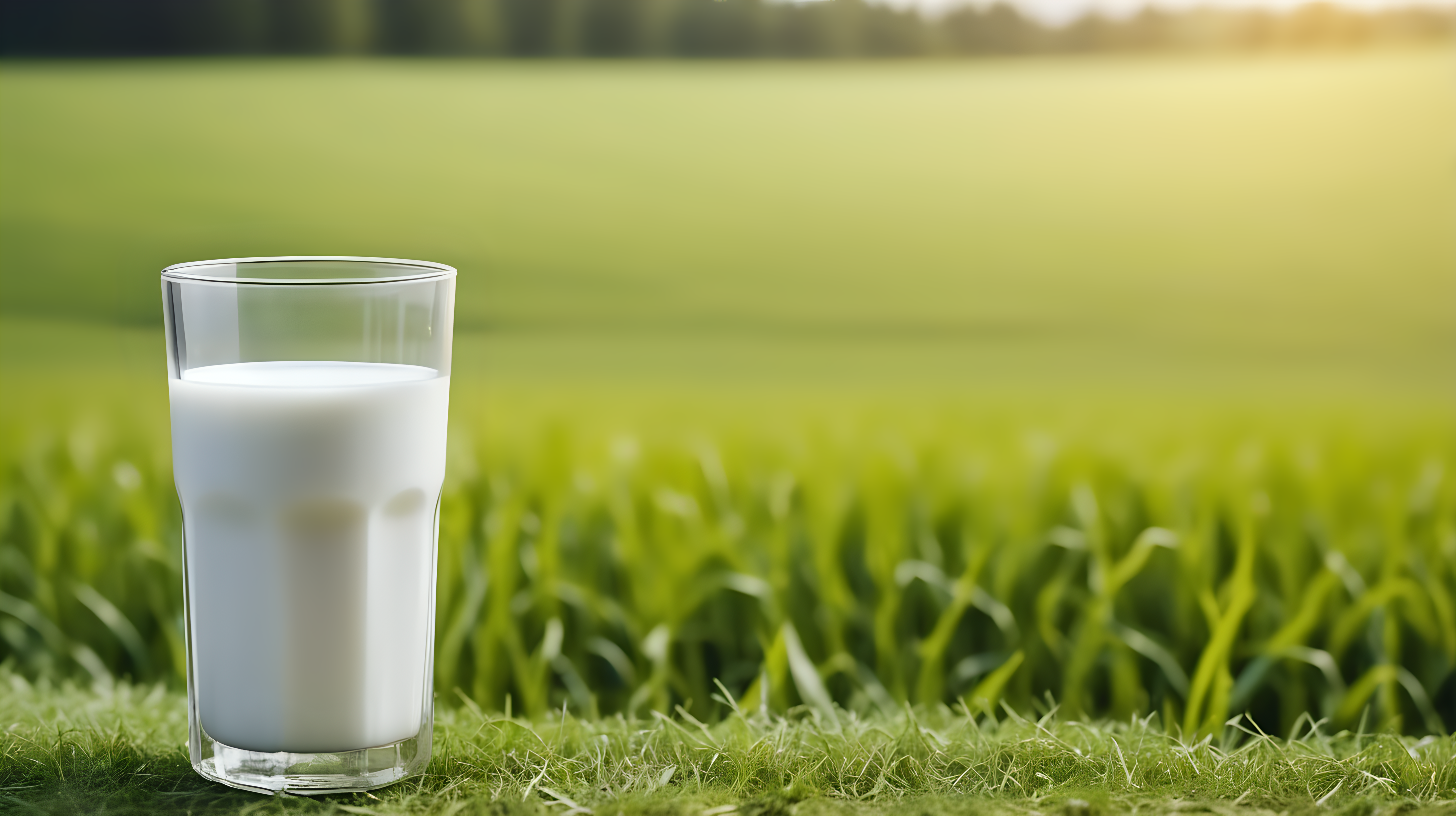 glass of milk on field background copy space