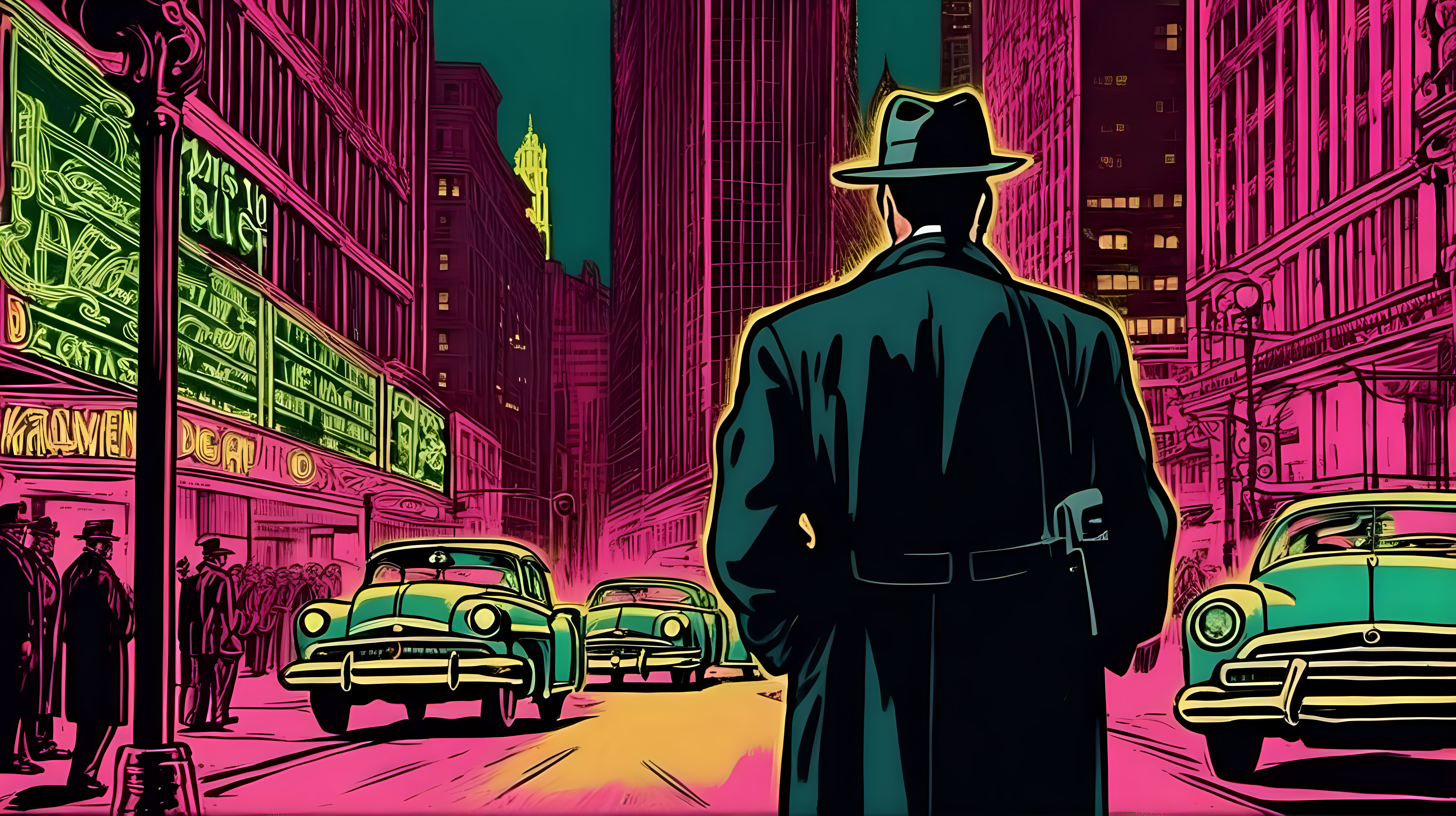 A detective staring at the camera in the foreground on a downtown neon Chicago street circa 1950. Art Nouveau Style.