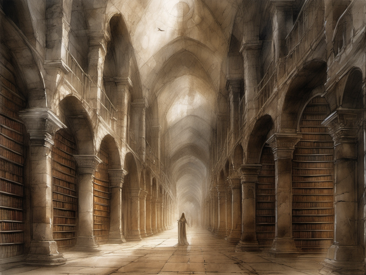 genera una ilustración estilo Luis Royo de una biblioteca medieval antigua con pasillos estrechos y claustrofóbicos, pasarelas elevadas, luz escasa y etérea




