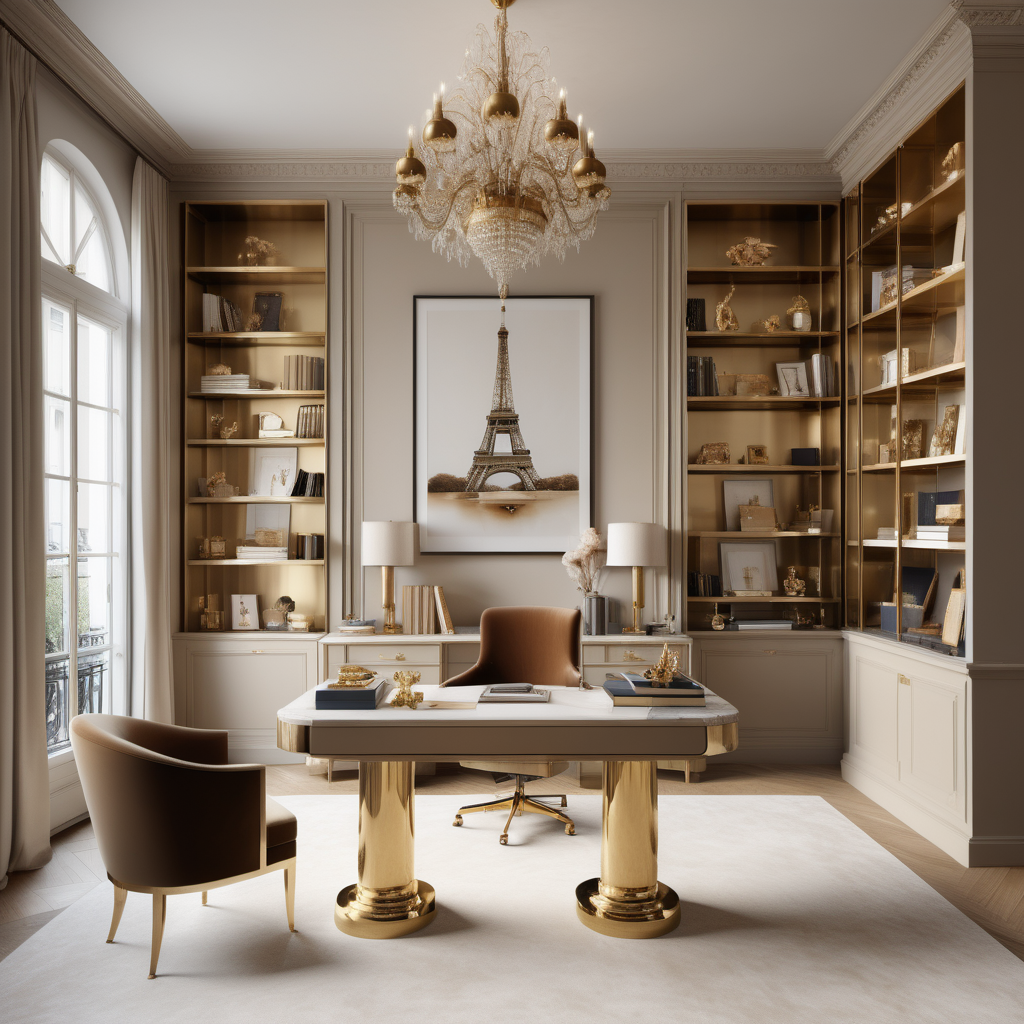hyperrealistic image of a grand, elegant modern Parisian home office interior with floor to ceiling brass shelves full of trinkets and books, a modern chandelier, a velvet desk chair, a statement piece of art, in a beige, light oak and brass colour palette