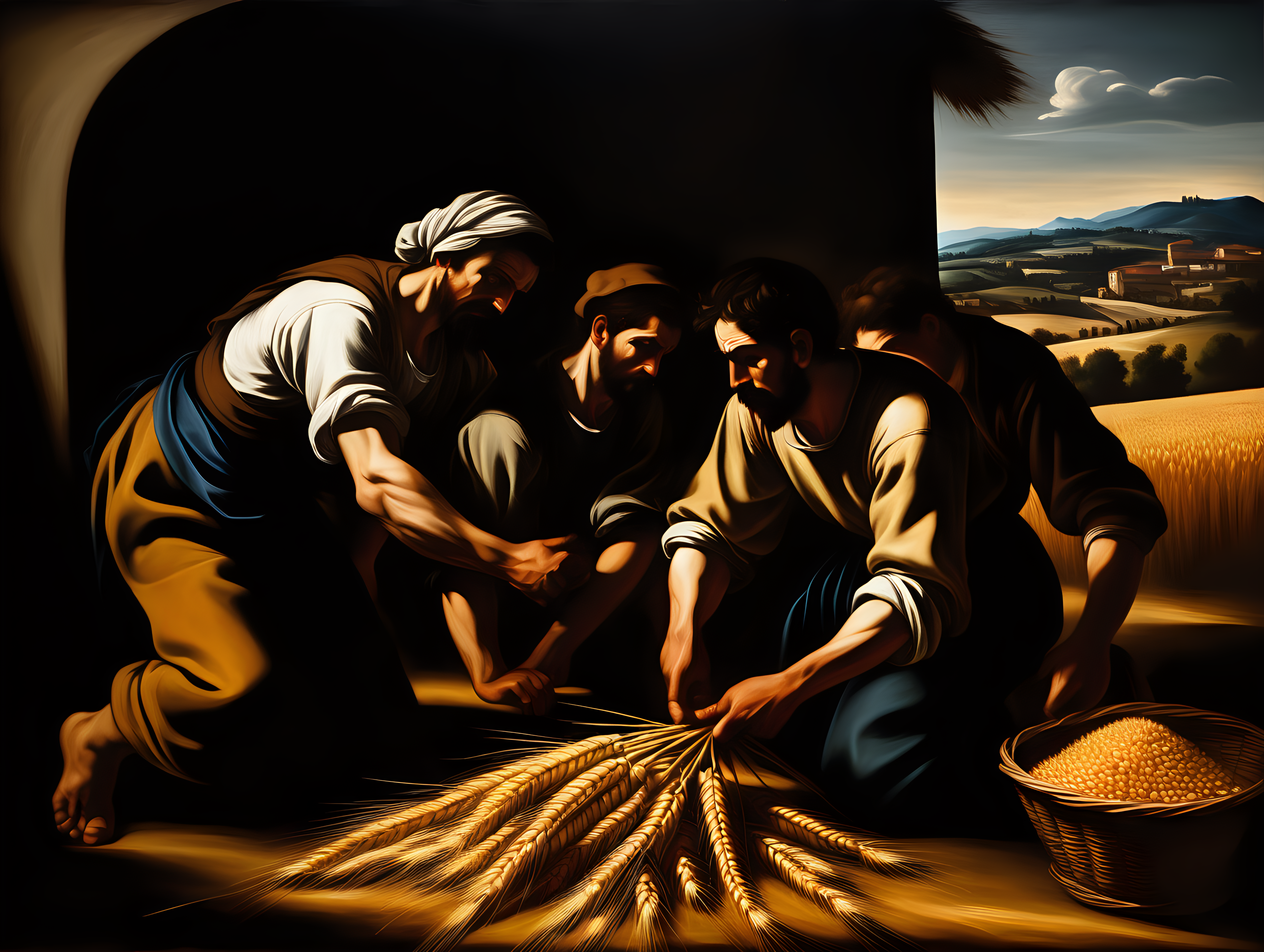 scène paysanne de moisson du blé type Caravage, avec clair obscure, peinture à l'huile