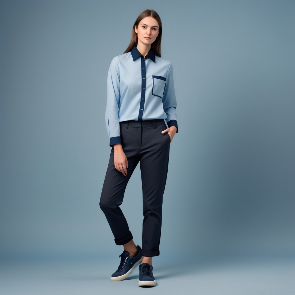 women shop seller, light blue long sleeve shirt, dark blue binding, light blue shirt button, navy classic pant, black sneaker, full body, grey background, fashion detail, 35 mm photography, modern design 