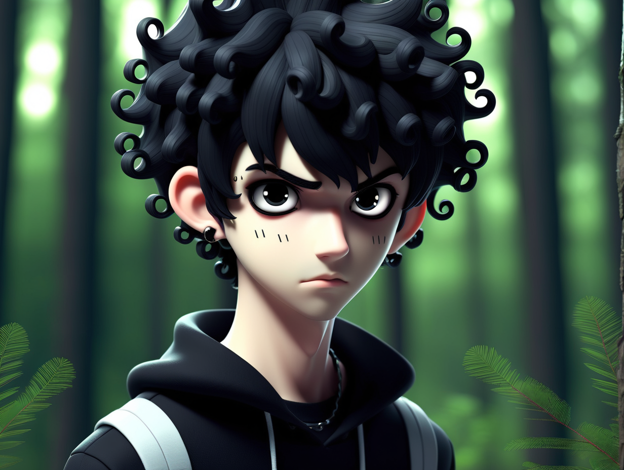 3d, anime, male, short black curly hair, black gauge earrings, thick black eyebrows, black eyes, emo, forest low light