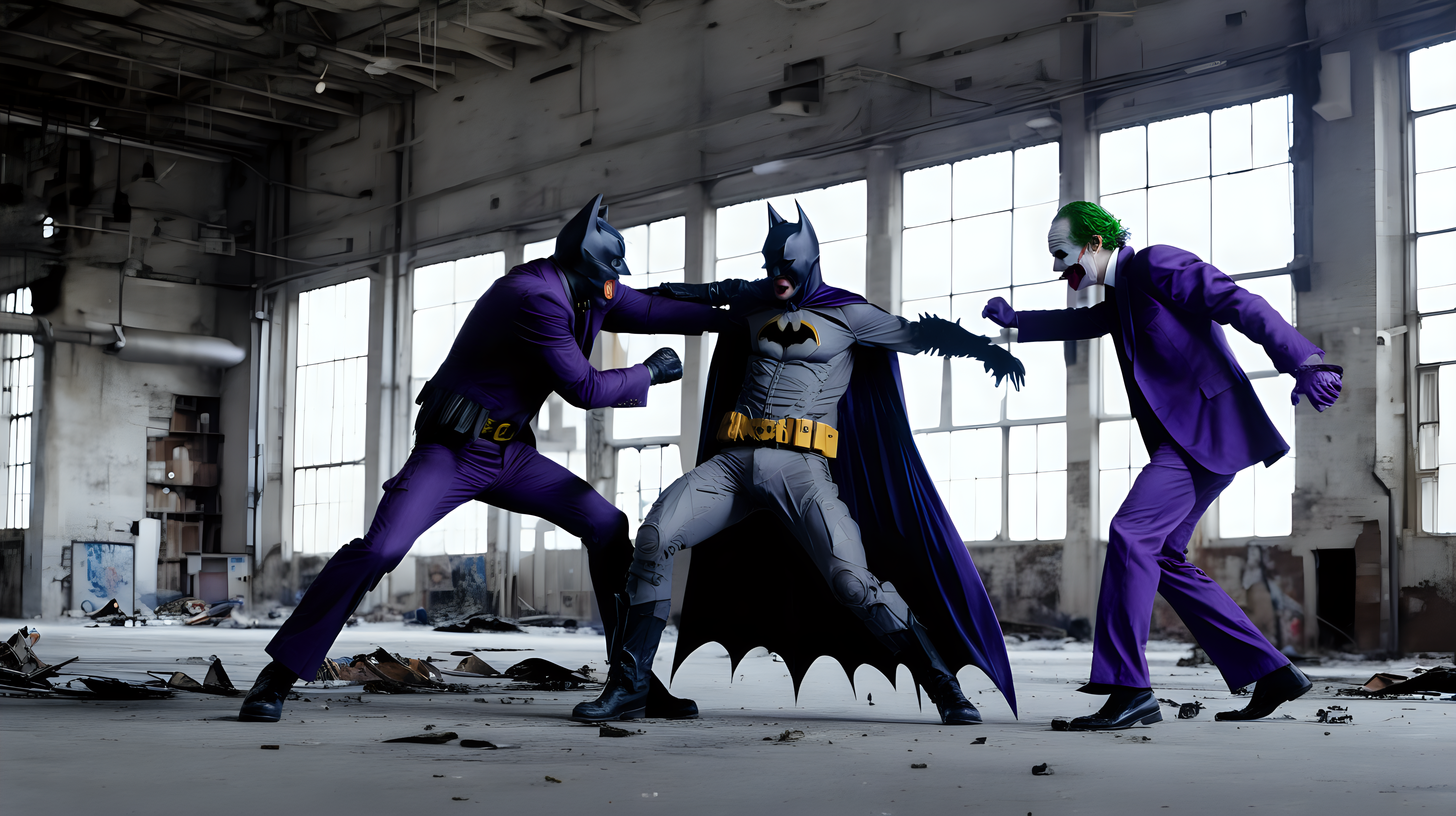 Batman fights the Joker in an abandoned factory