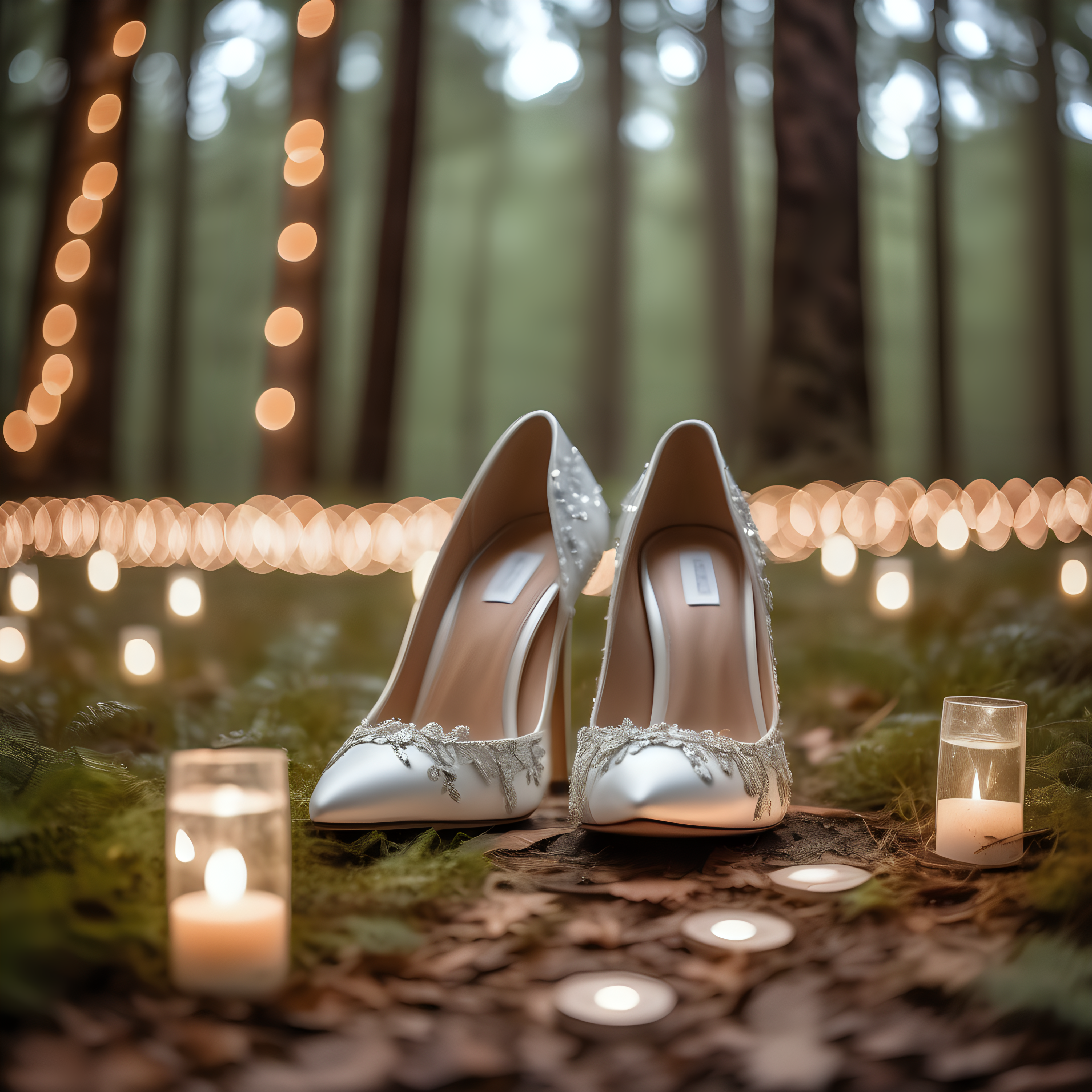 Gorgeous wedding shoes on the ground, surrounded by lights, bokeh background, in a beautiful forest wedding,  ultra high detail, straight on shot