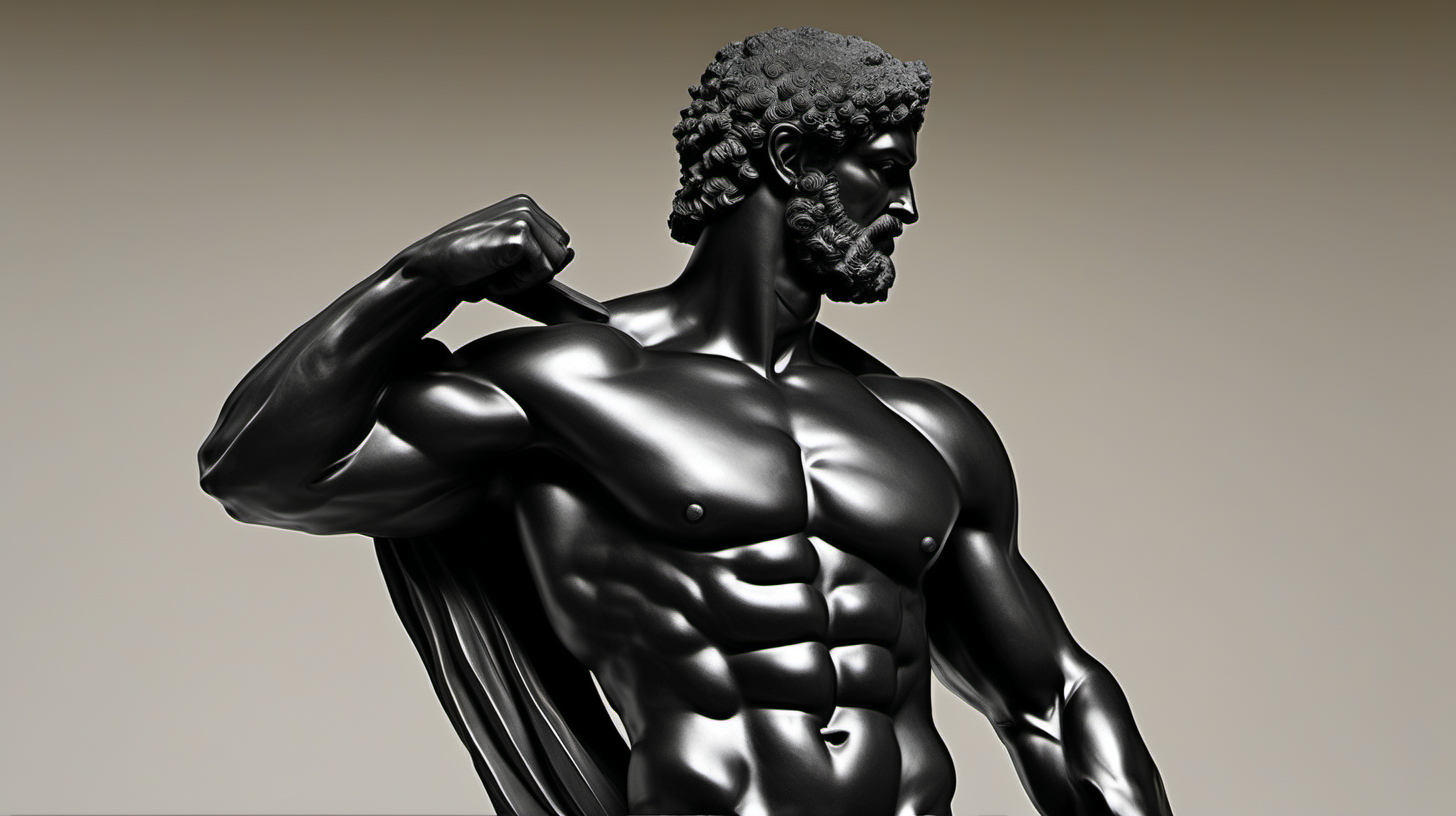 "Generate an evocative image depicting an ancient Greek-inspired black statue of a powerful and muscular man in full war dress. Convey a sense of strength, valor, and historical grandeur in this representation, capturing the essence of a timeless warrior from a rich cultural heritage."