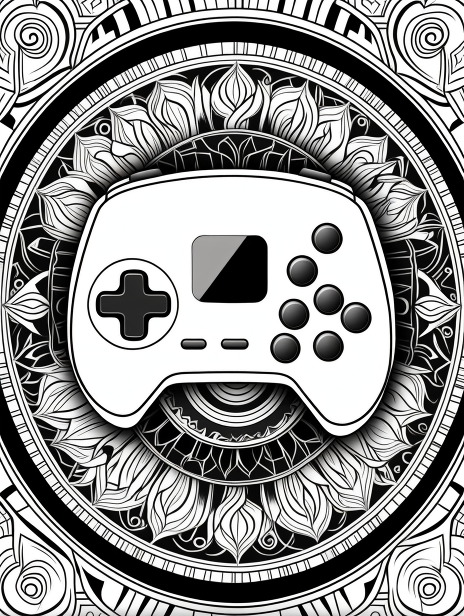 video game console inspired mandala pattern, black and white, fit to page, children's coloring book, coloring book page, clean line art, line art, no bleed
