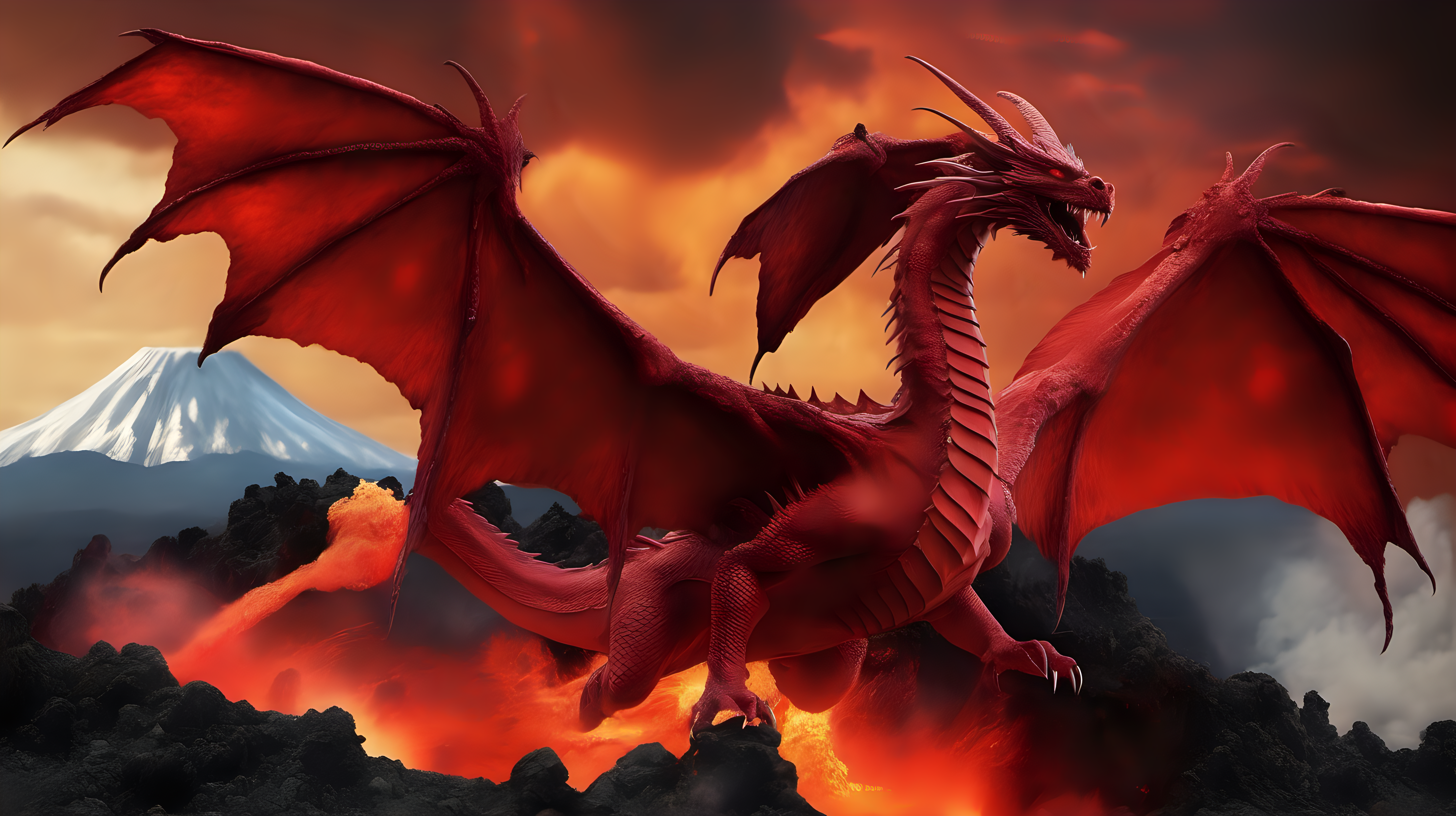 red dragon with huge wings flying over an active volcano