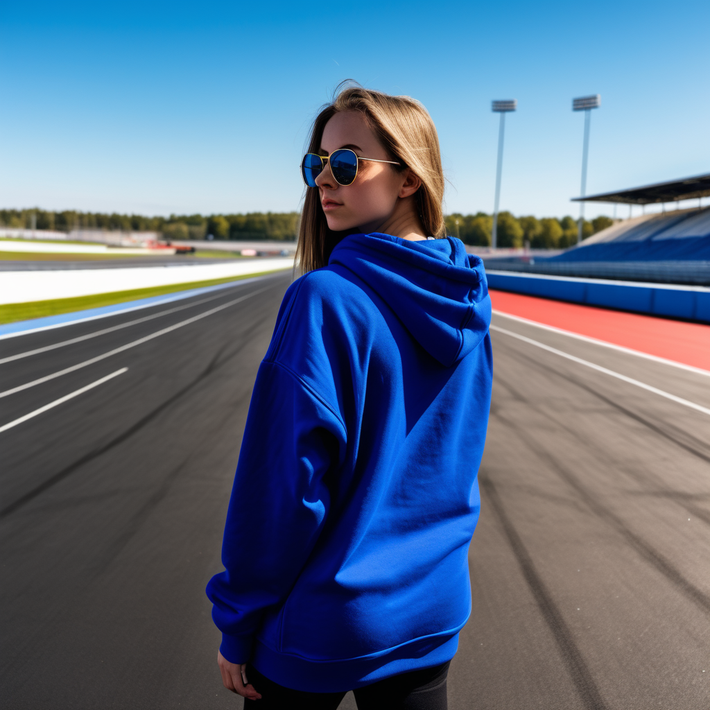 girl with sunglasses on and an oversized royal blue PLAIN hoodie facing away on a race track and shes standing 5 feet away