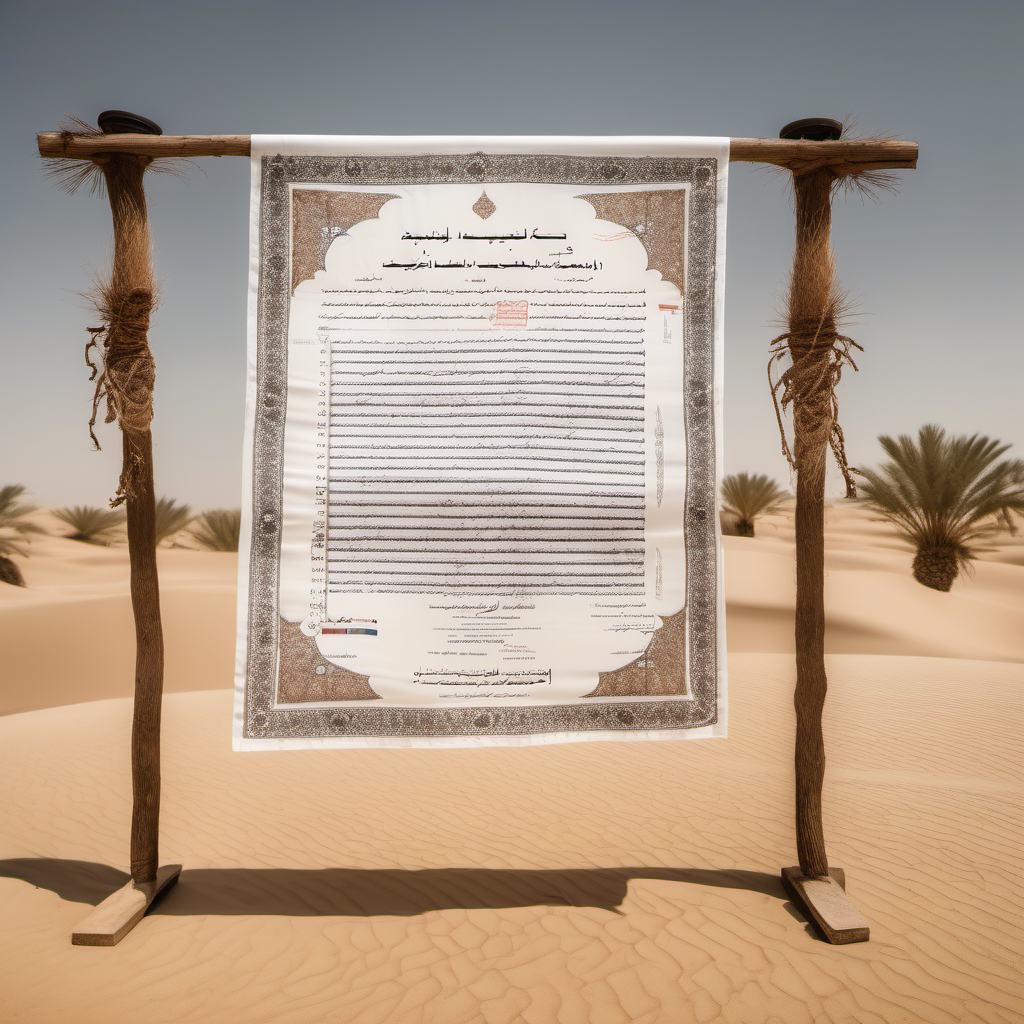 a muslim nikkahnama printed on a huge fabric hanging and flowing in the desert