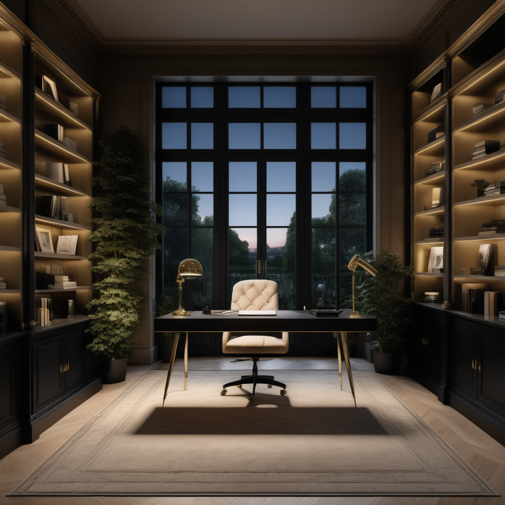 a hyperrealistic of a grand modern Parisian estate home office at night with mood lighting, floor to bookcases, floor to ceiling windows with a view of the manicured gardens, in a beige oak and brass and black colour palette
