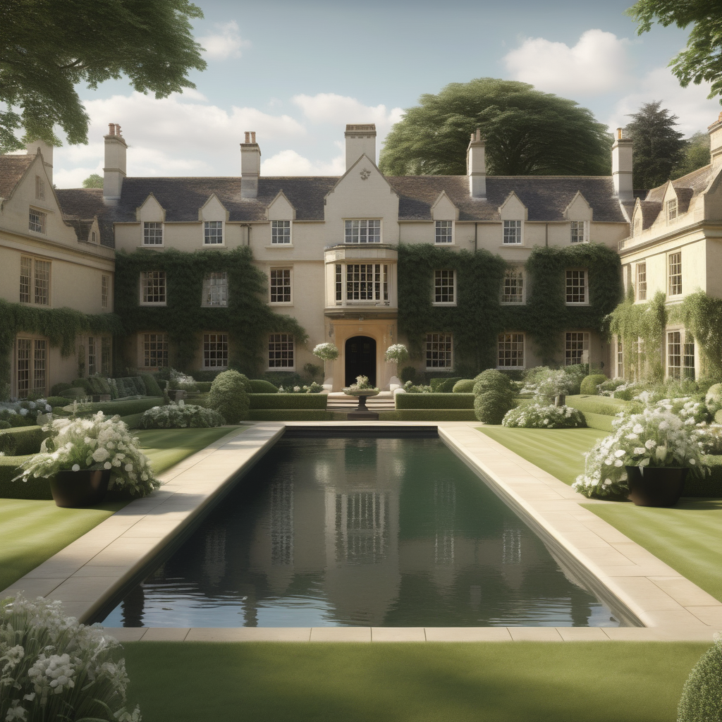 hyperrealistic image of an English country estate pool; lush sprawling lawn and gardens; beige, ivory and black;
