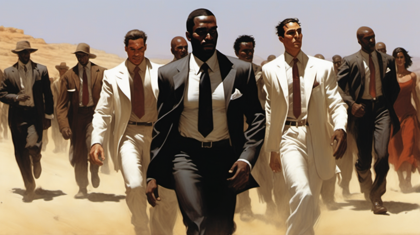 three black & spanish men with a smile leading a group of gorgeous and ethereal white,spanish, & black mixed men & women with earthy skin, walking in a desert with his colleagues, in full American suit, followed by a group of people in the art style of  Gabriele Dell'otto comic book drawing, illustration, rule of thirds
