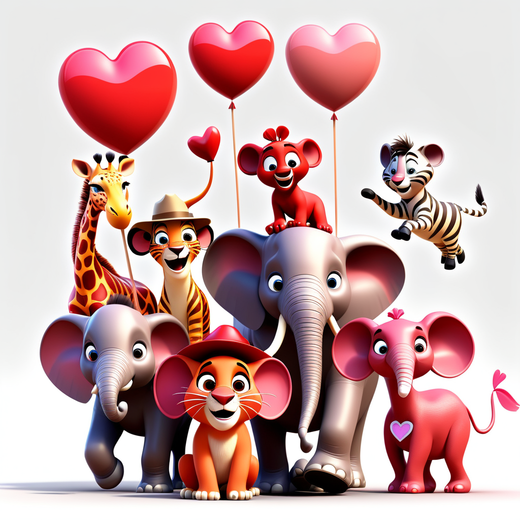 /envision prompt: "Playful Pixar 3D Safari Friends in Valentine Parade" clipart showcasing a variety of safari animals, adorned with Valentine accessories, marching joyfully against a pristine white background. The scene exudes a festive Valentine's spirit. --v 5 --stylize 1000