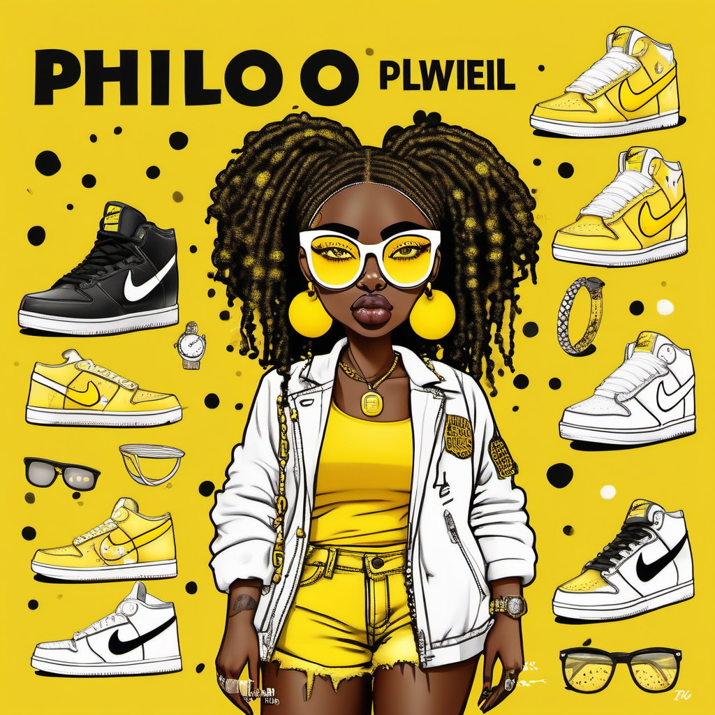 A hyper very realistic beautiful chibi style super curvy shaped African American woman with pinned up locs, wearing yellow glasses,The background is yellow and white splash and spots. She is confidently dressed in a yellow fur coat and white ripped jeans, and a yellow tee that says “PHILO” in white letters with matching Nike dunks and Jewelry. The artwork showcases intricate details and attention to the woman's features