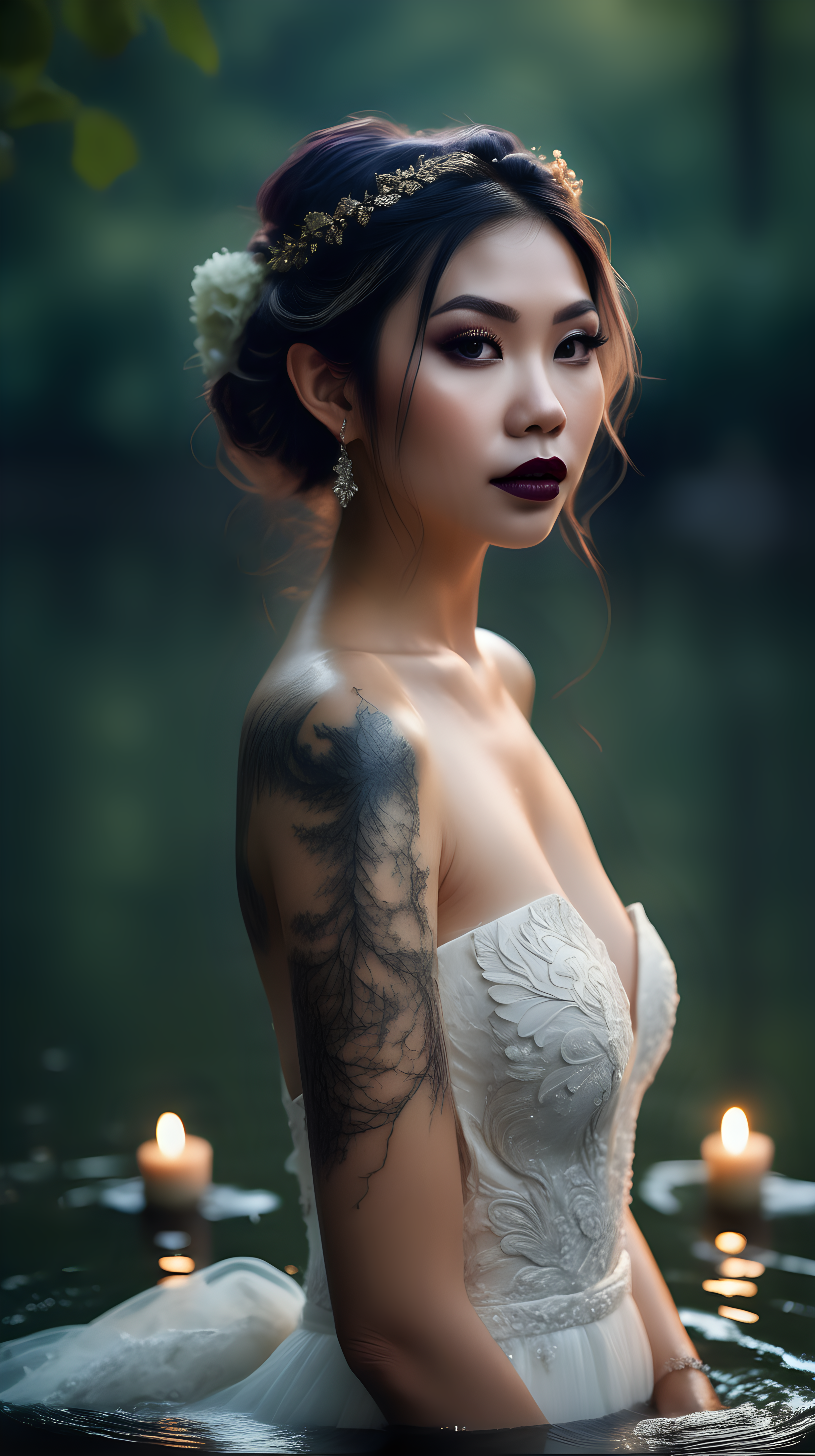 Beautiful Vietnamese elf woman, body tattoos, dark eye shadow, dark lipstick, hair in a messy updo, wearing a gorgeous wedding dress, bokeh background, soft light on face, swiming waist deep in a lake in front of elaborate candlelit forest wedding, photorealistic, very high detail,  extra wide photo