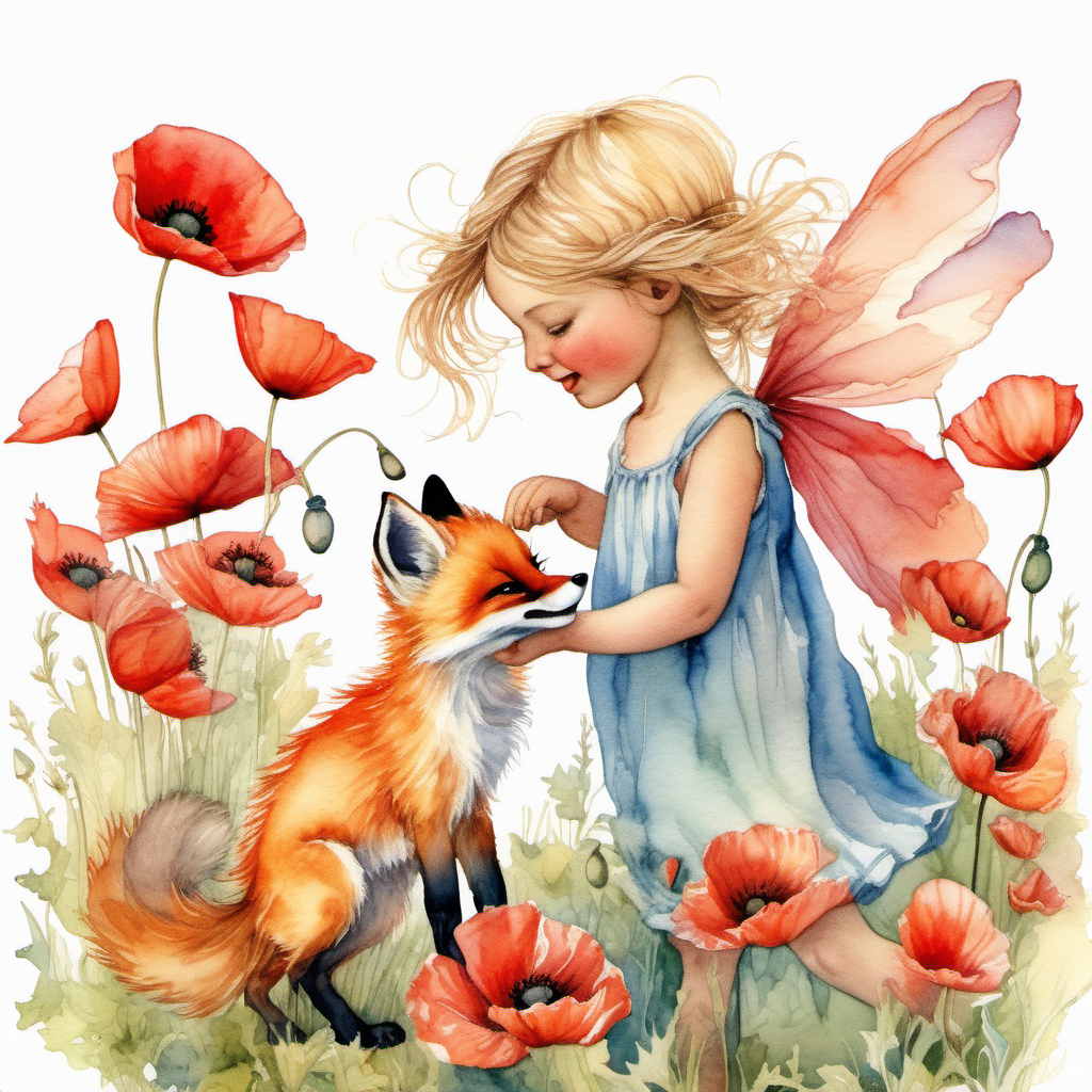 a watercolor poppy flower fairy in the style of Cicely Mary Barker playing with a cute baby red fox in a field full of brightly colored poppies.  