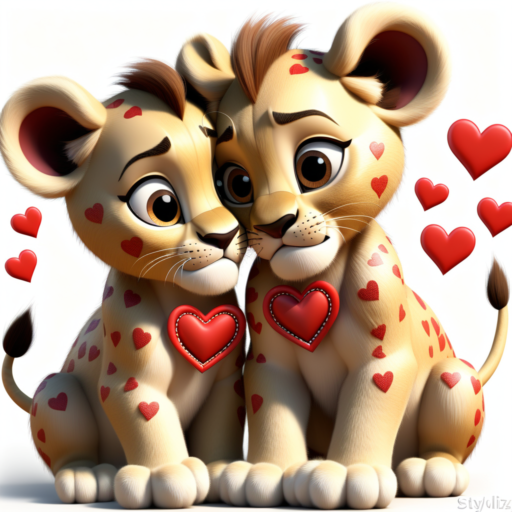 Pixar 3D Love-Struck Lion Cubs" clipart featuring adorable lion cubs wearing heart-patterned bows, playfully nuzzling against a pristine white background. Their expressions radiate innocent affection. --v 5 --stylize 1000